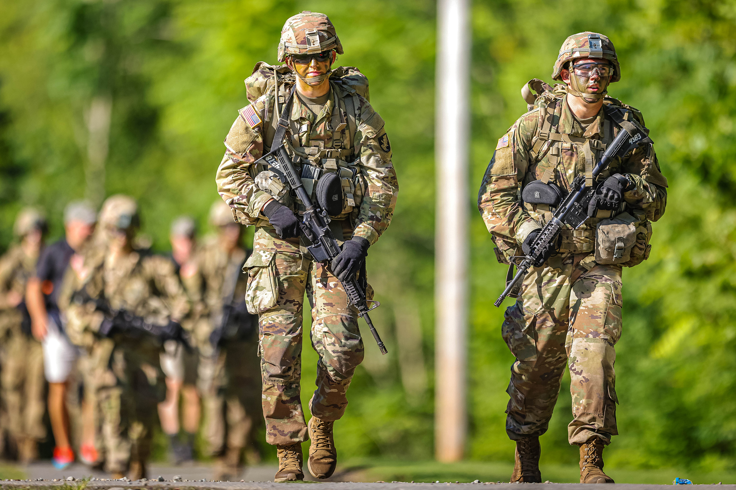 The U.S. Military Academy Class of 2028 completes its Cadet Basic Training with March Back on Aug. 12 at West Point. The new cadets marched 14 miles from Camp Buckner to the Victor Constant Ski Slope where they had a brief respite before making their final journey to the Superintendent's house to finish the march. They were accompanied by several graduates on the route, including many from their 50-year affiliate class, the Class of 1978. (Photo by Jorge Garcia/USMA PAO)