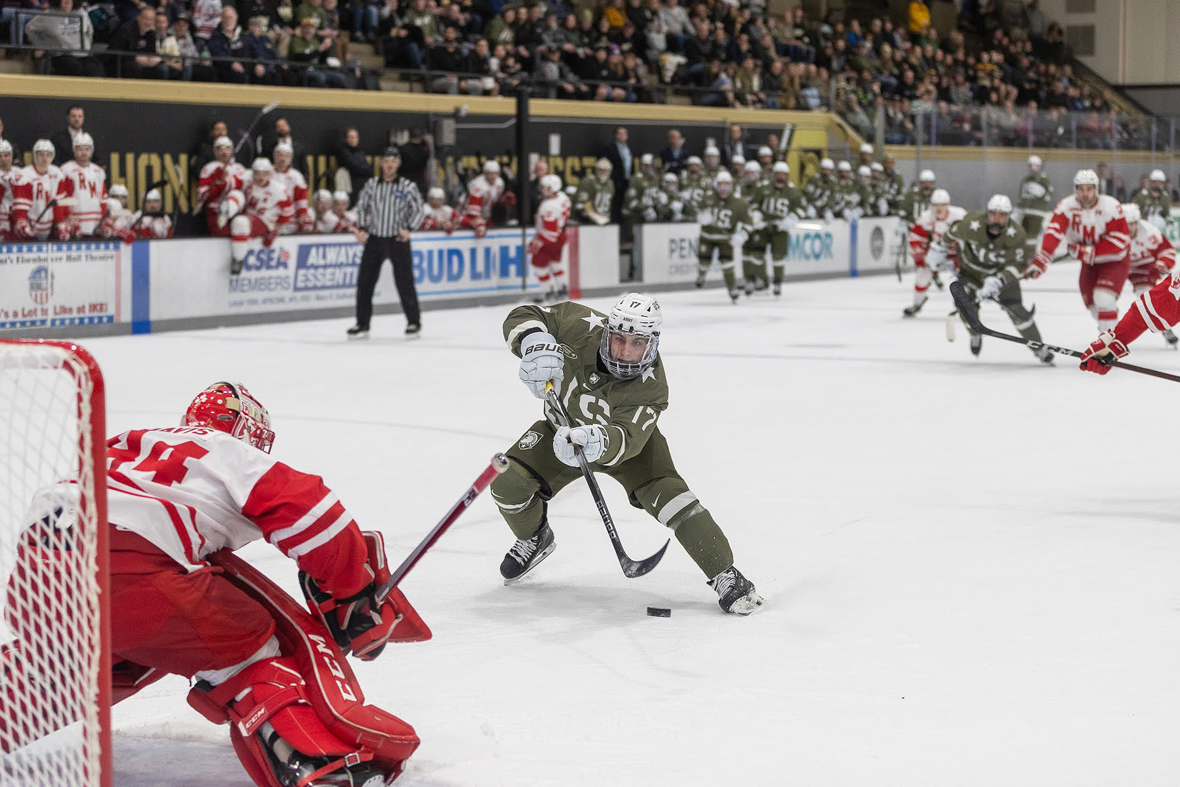 Army West Point hockey (7-17-1 overall, 5-12-1 Atlantic Hockey) defeated its international rival Royal Military College of Canada, 6-1, on Jan. 28 at Tate Rink.  (Photo by Class of 2025 Cadet Matthew Griffin)
