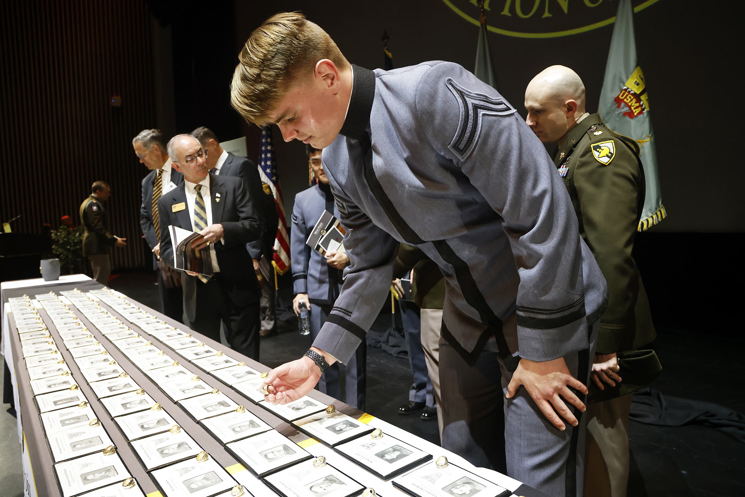 The West Point Association of Graduates hosted its 24th annual Ring Melt Ceremony Jan. 19 at Eisenhower Hall Theatre. The event, sponsored by the U.S. Military Academy Class of 1966, had a record 88 donated rings from graduates that will be used as part of the USMA Class of 2025 rings.  (Photo by Eric S. Bartelt/USMA PAO)