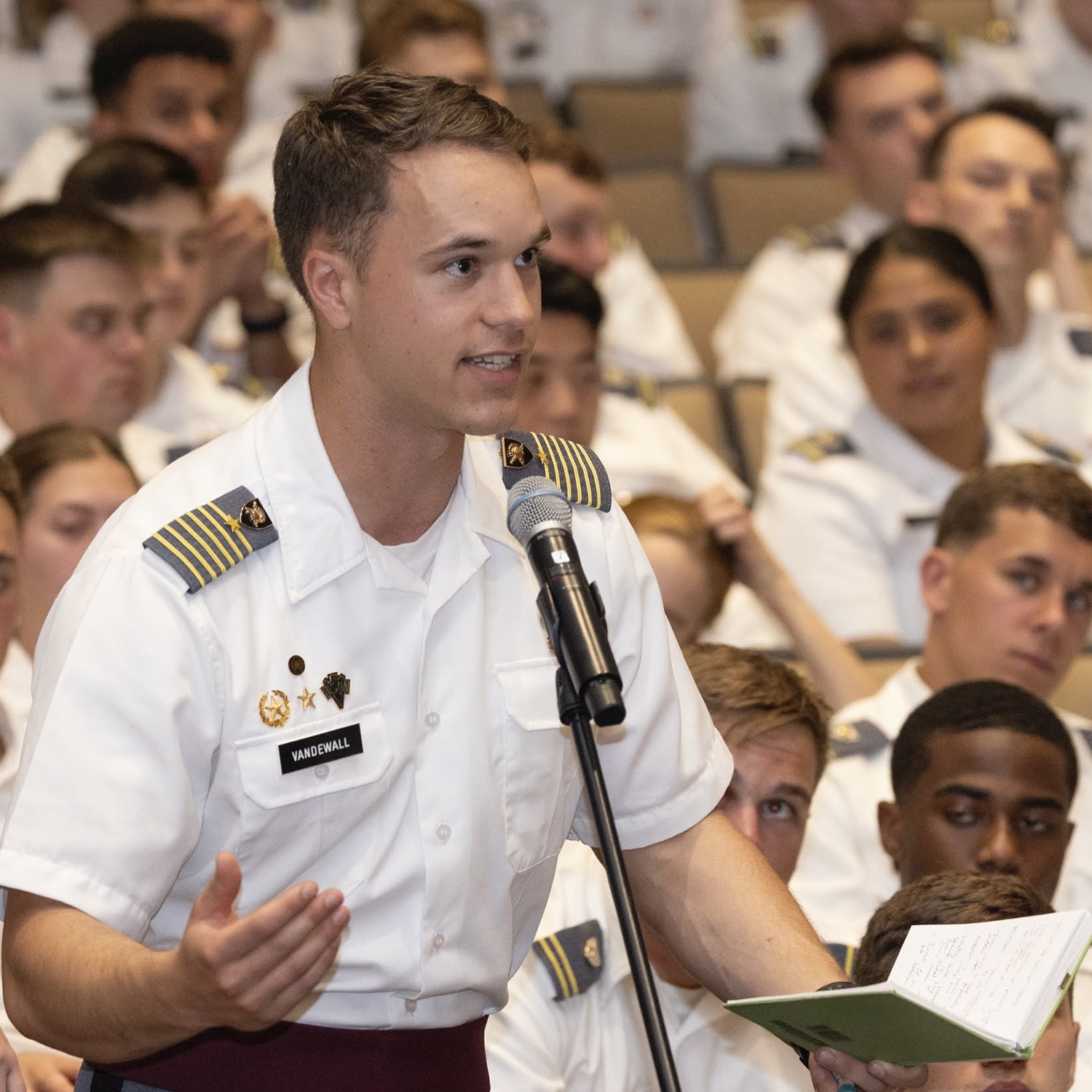 Brig. Gen. Shane Reeves, 15th Dean of the Academic Board at West Point, conducts a fireside chat featuring the 25th assistant to the U.S. president for the Department of National Security Affairs, retired Lt. Gen. H.R. McMaster.  (Photo by USMA PAO Visual Information)