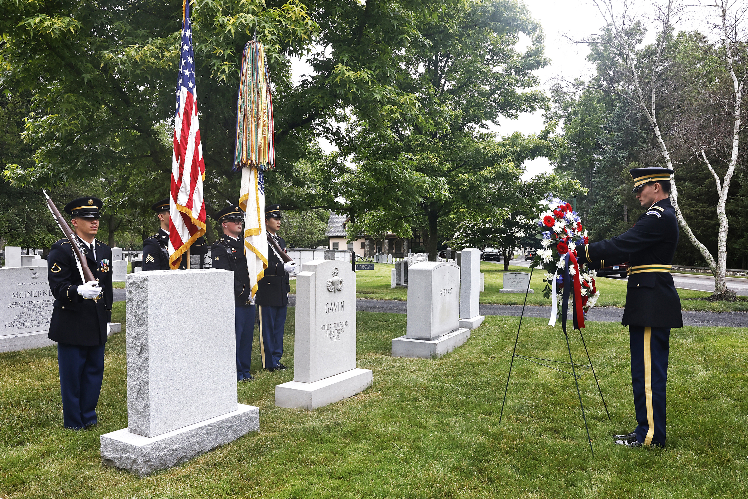 The U.S. Military Academy in concert with the 82nd Airborne Division Association of New Hartford and the Greater Hartford Lt. Gen. James Gavin Chapter commemorated the 80th anniversary of D-Day and the legacy of Gavin with a wreath-laying ceremony at Gavin's gravesite on June 6 at the West Point Cemetery.   (Photo by Eric S. Bartelt/USMA PAO)