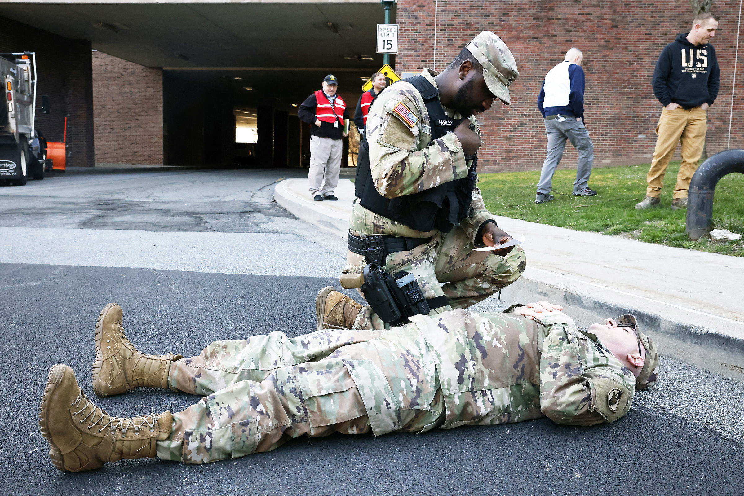 West Point conducted its annual Integrated Protection Exercise on March 13 to assess the installation’s emergency response and recovery capabilities with a realistic mass casualty (MASCAL) scenario.   The scenario involved a traffic accident with a Directorate of Public Works snowplow truck and post shuttle bus with several occupants onboard along Pitcher Road, in the vicinity of Eisenhower Hall and Gillis Field House.   Role-players across the installation portrayed patients, allowing first responders to