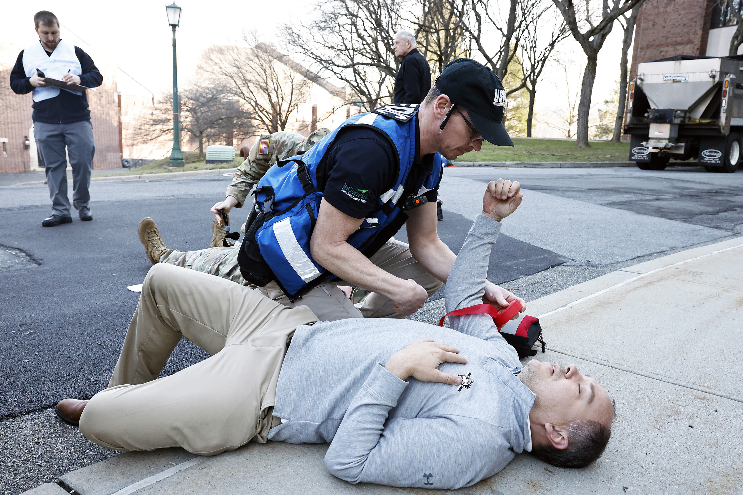 West Point conducted its annual Integrated Protection Exercise on March 13 to assess the installation’s emergency response and recovery capabilities with a realistic mass casualty (MASCAL) scenario.   The scenario involved a traffic accident with a Directorate of Public Works snowplow truck and post shuttle bus with several occupants onboard along Pitcher Road, in the vicinity of Eisenhower Hall and Gillis Field House.   Role-players across the installation portrayed patients, allowing first responders to