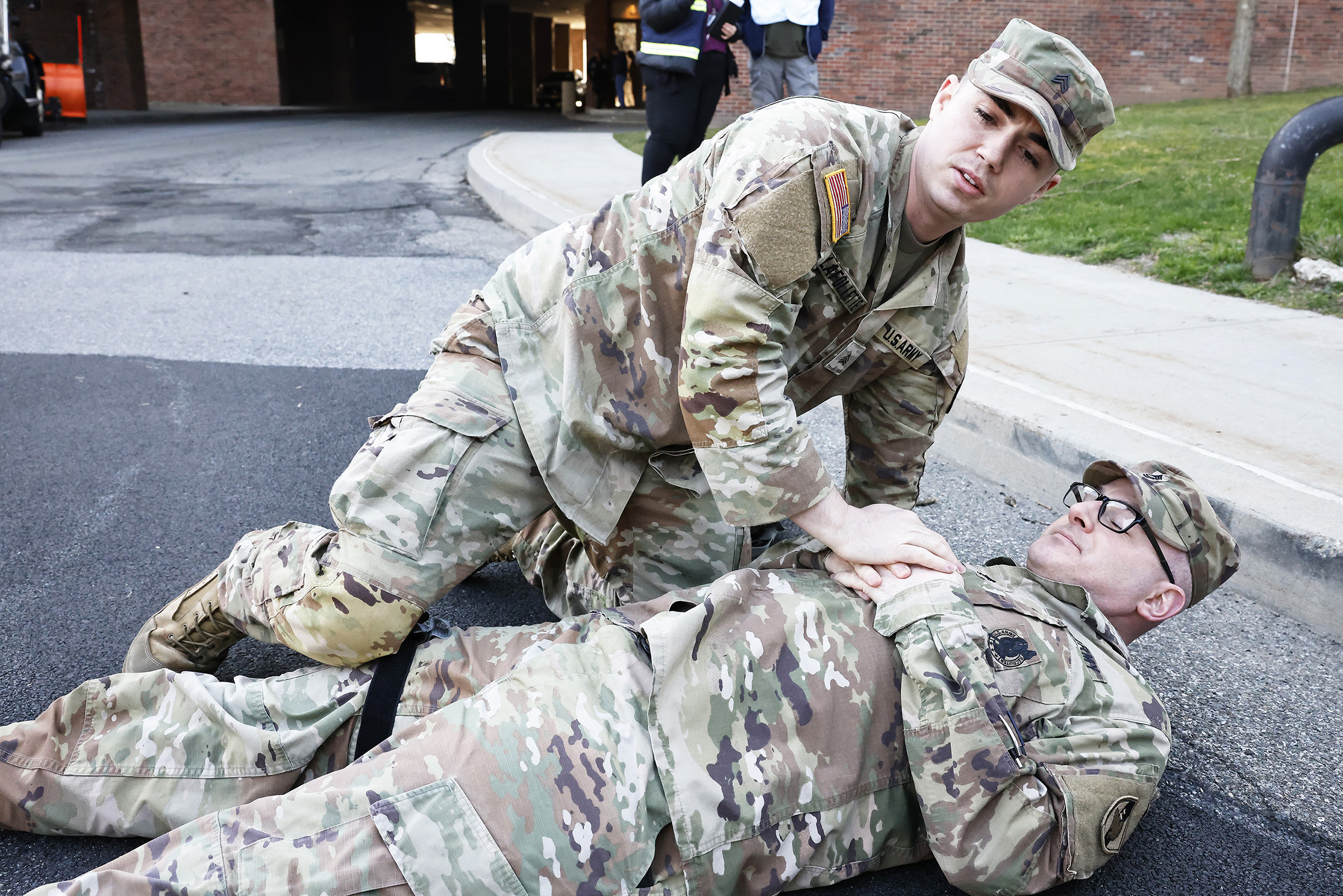 West Point conducted its annual Integrated Protection Exercise on March 13 to assess the installation’s emergency response and recovery capabilities with a realistic mass casualty (MASCAL) scenario.   The scenario involved a traffic accident with a Directorate of Public Works snowplow truck and post shuttle bus with several occupants onboard along Pitcher Road, in the vicinity of Eisenhower Hall and Gillis Field House.   Role-players across the installation portrayed patients, allowing first responders to