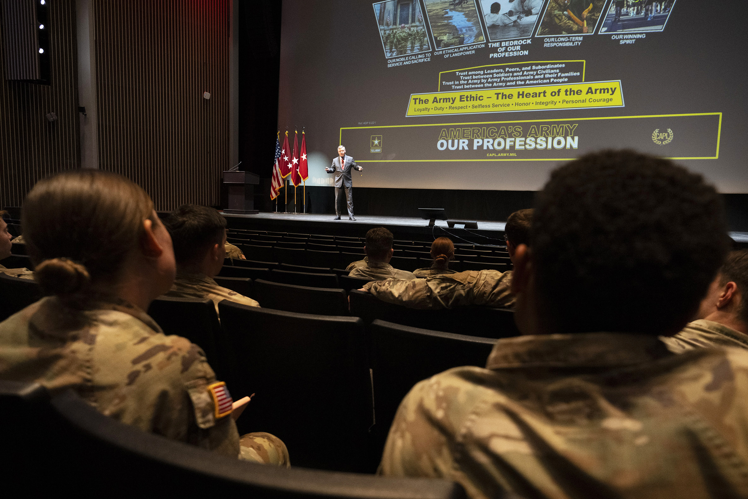 The first-class cadets, with staff and faculty, participated in the Mission Command Conference (MCC) from March 19-20 at Eisenhower Hall, where they were presented real-world challenges by the officers and noncommissioned officers who had boots on the ground in dire situations to help reinforce the importance of character and leading through mission command.  This year’s conference theme was “Establishing Trust: A Legacy at Home and Abroad,” and it allowed cadets to listen and discuss with the panel members
