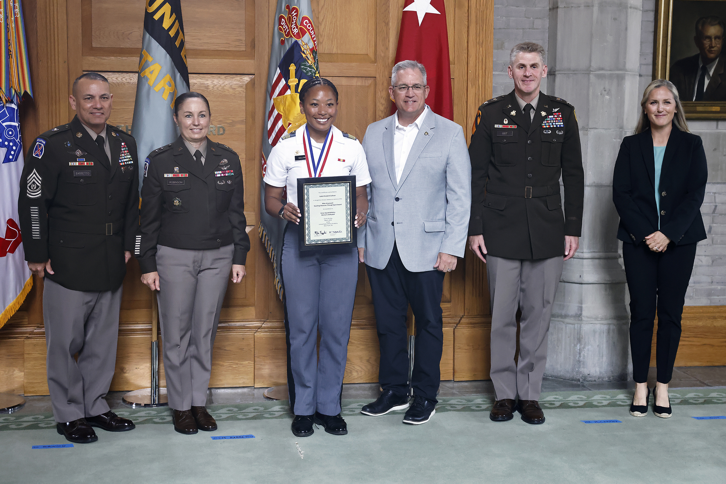 The Department of Physical Education (DPE) hosted the 18th annual Coach Mike Krzyzewski Teaching Character Through Sport Award May 9 at the Thayer Awards Room. The award recognizes West Point cadet-athletes, coaches, officers in charge (OIC) and sport educators for their outstanding commitment to the development of noble character through athletic participation and leadership.   (Photo by Eric S. Bartelt/USMA PAO)