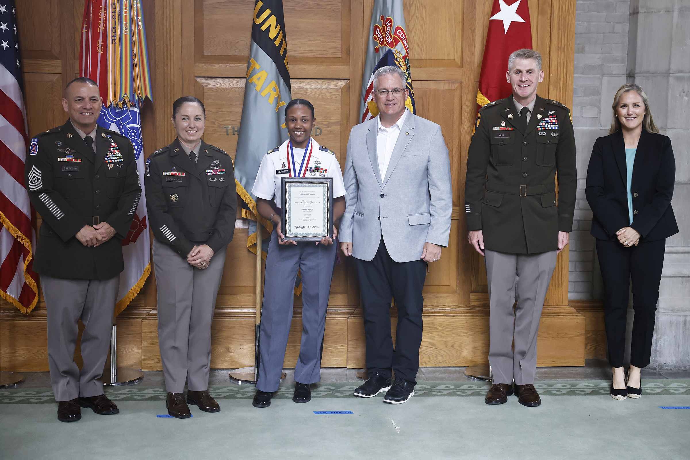 The Department of Physical Education (DPE) hosted the 18th annual Coach Mike Krzyzewski Teaching Character Through Sport Award May 9 at the Thayer Awards Room. The award recognizes West Point cadet-athletes, coaches, officers in charge (OIC) and sport educators for their outstanding commitment to the development of noble character through athletic participation and leadership.   (Photo by Eric S. Bartelt/USMA PAO)