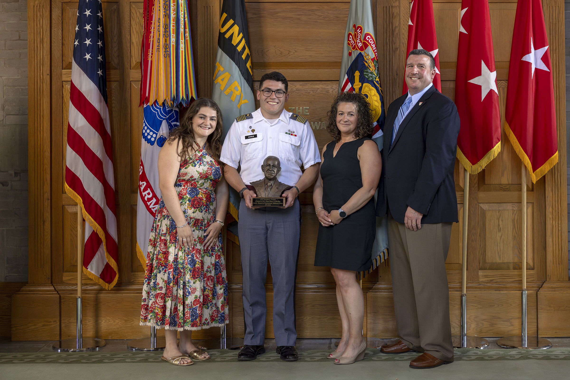 The Simon Center for the Professional Military Ethic hosted the John J. Pershing Reflective Essay Award ceremony on May 22 at the Thayer Award Room. Established in 2006, the award is meant to encourage cadets to reflect on their experiences at West Point and gain a better understanding for how the institution has helped them prepare for the profession of arms and to strengthen their resolve to serve the nation honorably as a commissioned officer. This year, the top three cadets who earn medallions were Clas