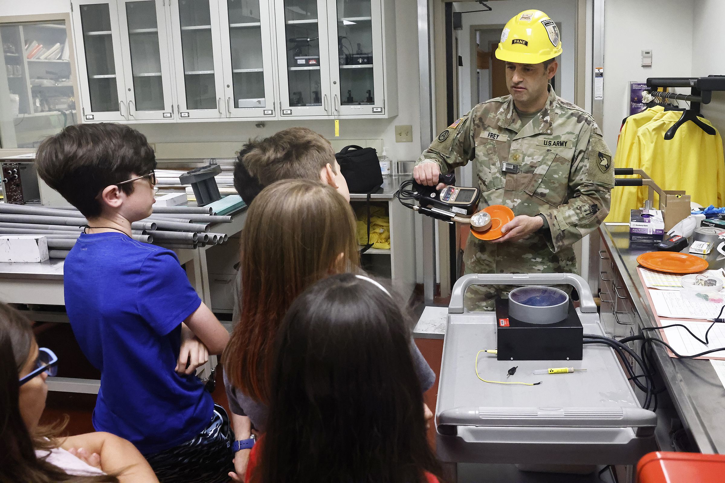 Approximately 50 fifth graders from the West Point Elementary School took a field trip to Bartlett Hall May 29 to experience a science adventure with professors and instructors from the Chemistry and Life Sciences (CLS) and Physics and Nuclear Engineering (PANE) Departments.  (Photo by Eric S. Bartelt/USMA PAO)