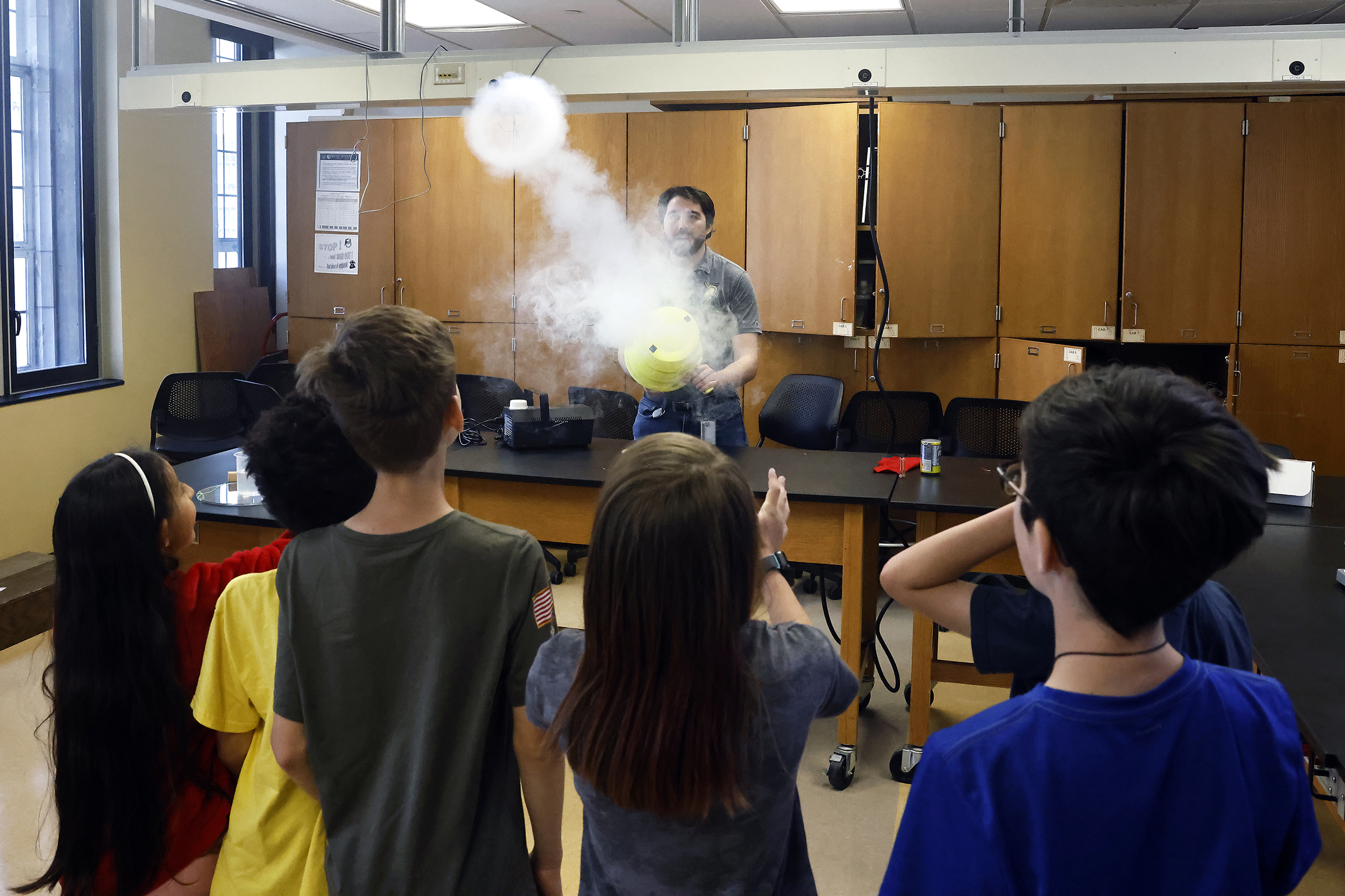 Approximately 50 fifth graders from the West Point Elementary School took a field trip to Bartlett Hall May 29 to experience a science adventure with professors and instructors from the Chemistry and Life Sciences (CLS) and Physics and Nuclear Engineering (PANE) Departments.  (Photo by Eric S. Bartelt/USMA PAO)