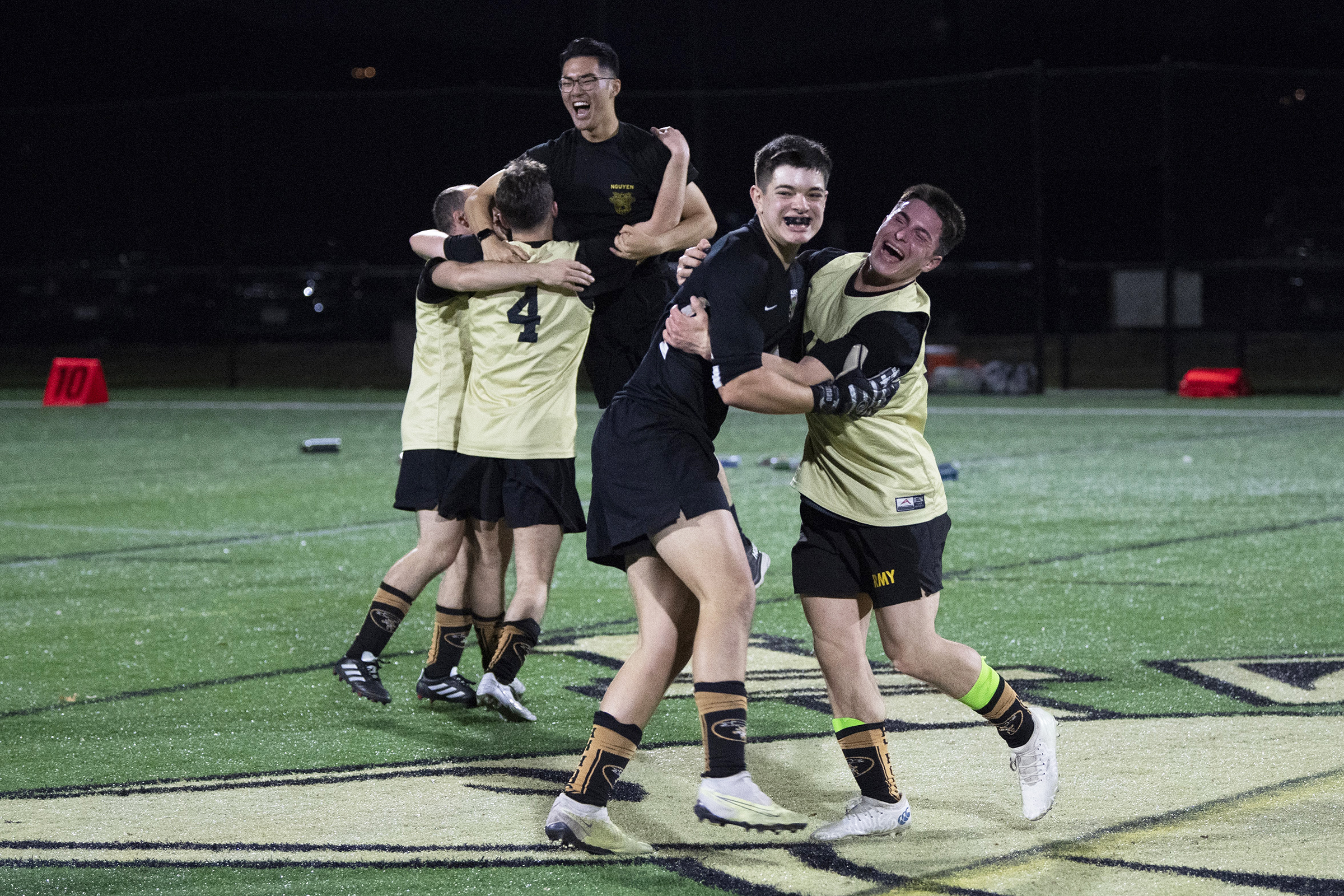 It was an evening of incredible finishes as cadets competed in five sports of the Company Athletics Fall Brigade Finals on Nov. 5 at the Arvin Cadet Physical Development Center and Daly Field. Cadets vied for company-level titles in functional fitness, flag football, soccer, basketball and grappling.  (Photo by John Pellino/USMA PAO)