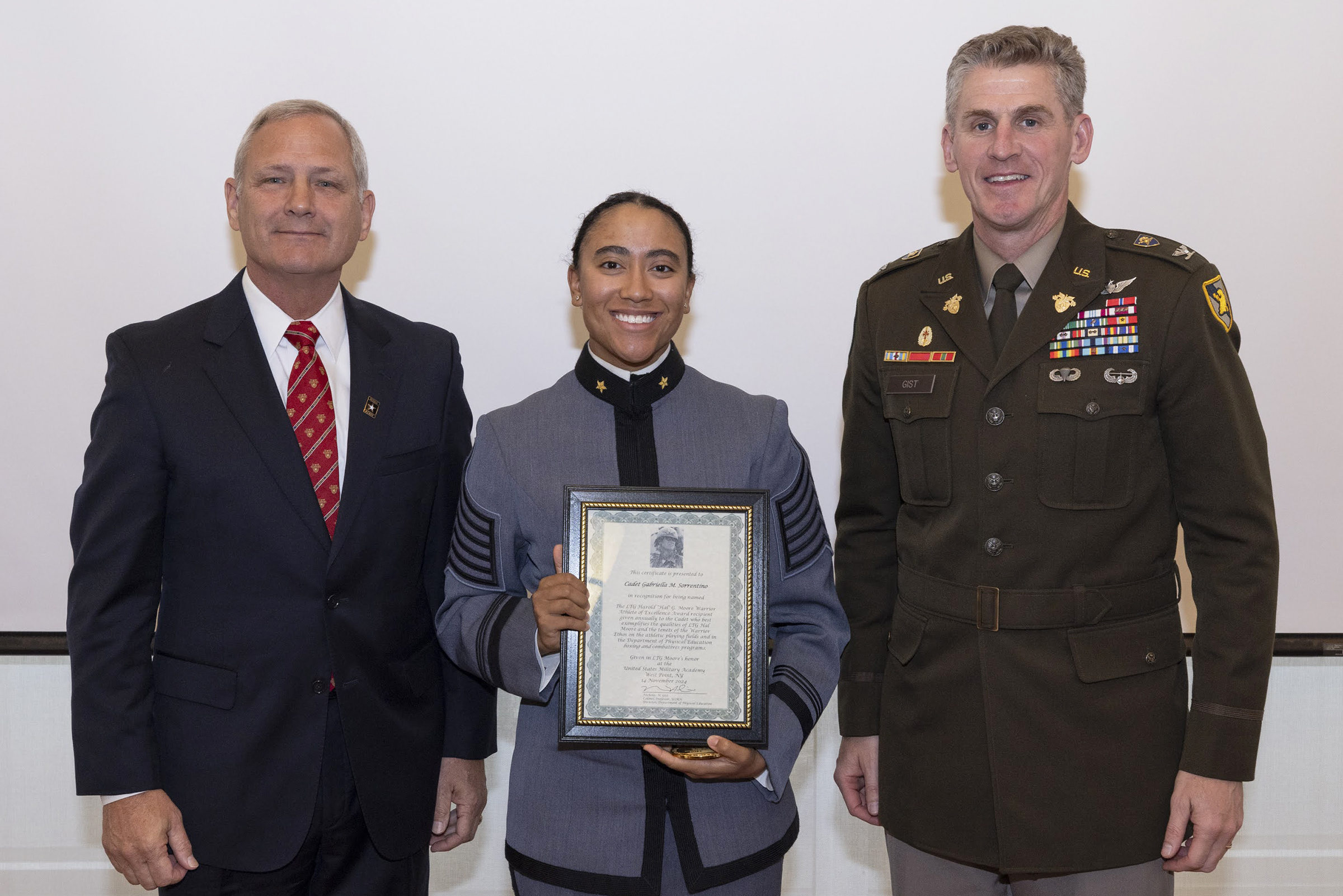 Class of 2025 Cadets Gabriella Sorrentino and Isaiah McNeilly were chosen as the recipients of the 2024 Lt. Gen. Hal Moore Athlete of Excellence Award and received their accolades during a ceremony Nov. 14 in the Haig Room.   (Photo by Kyle Osterhoudt/USMA PAO-VI)
