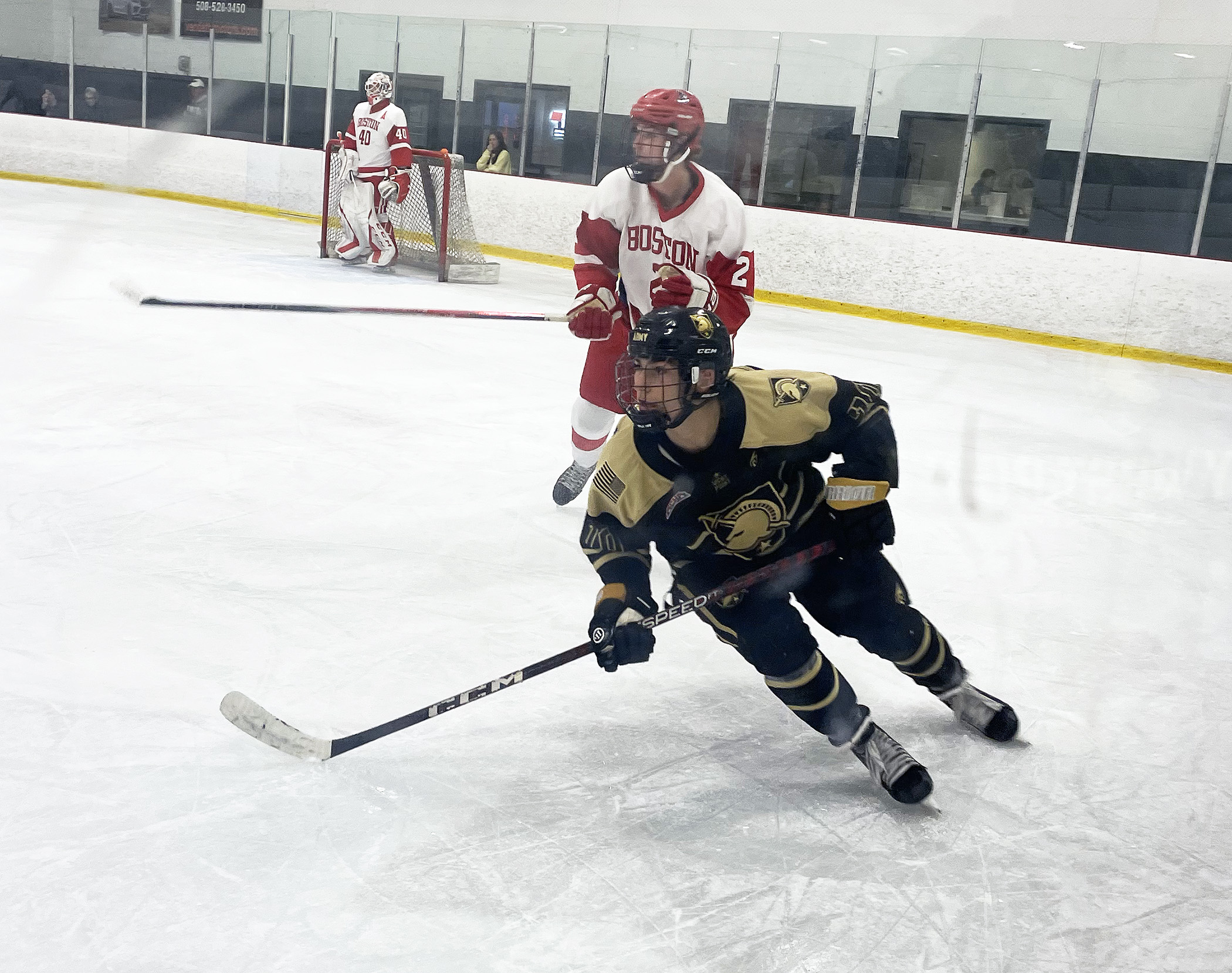 Center Ben Gaucher and defenseman Chris Tamer each had a goal and an assist as West Point Men’s Club Hockey defeated Boston University, 4-3, on Sept. 28 at Foxboro Sports Center in Massachusetts. The Black Knights then improved to 3-0 on the season on Sept. 29 with an 8-3 triumph at Bryant University in Walpole, Mass.   (Photo provided by West Point Men's Club Hockey)