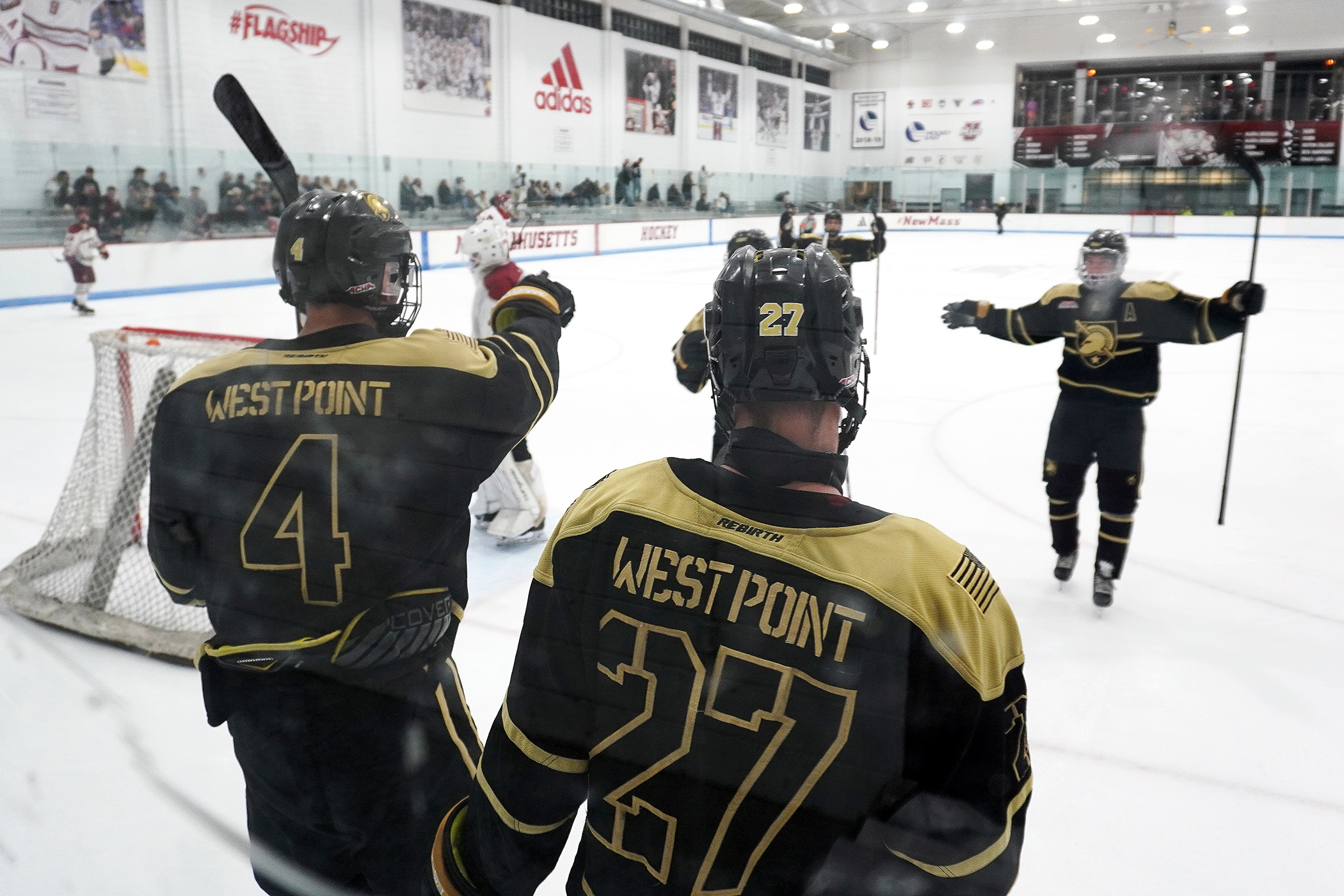 Junior wingers James Delia and Charlie Aronov each scored twice during a 5-0 stretch that lifted the West Point Men’s Club Hockey team to a 5-3 victory on Oct. 5 at UMass-Amherst, the 2023 American Collegiate Hockey Association national champion.   (Photo provided by West Point Men's Club Hockey)