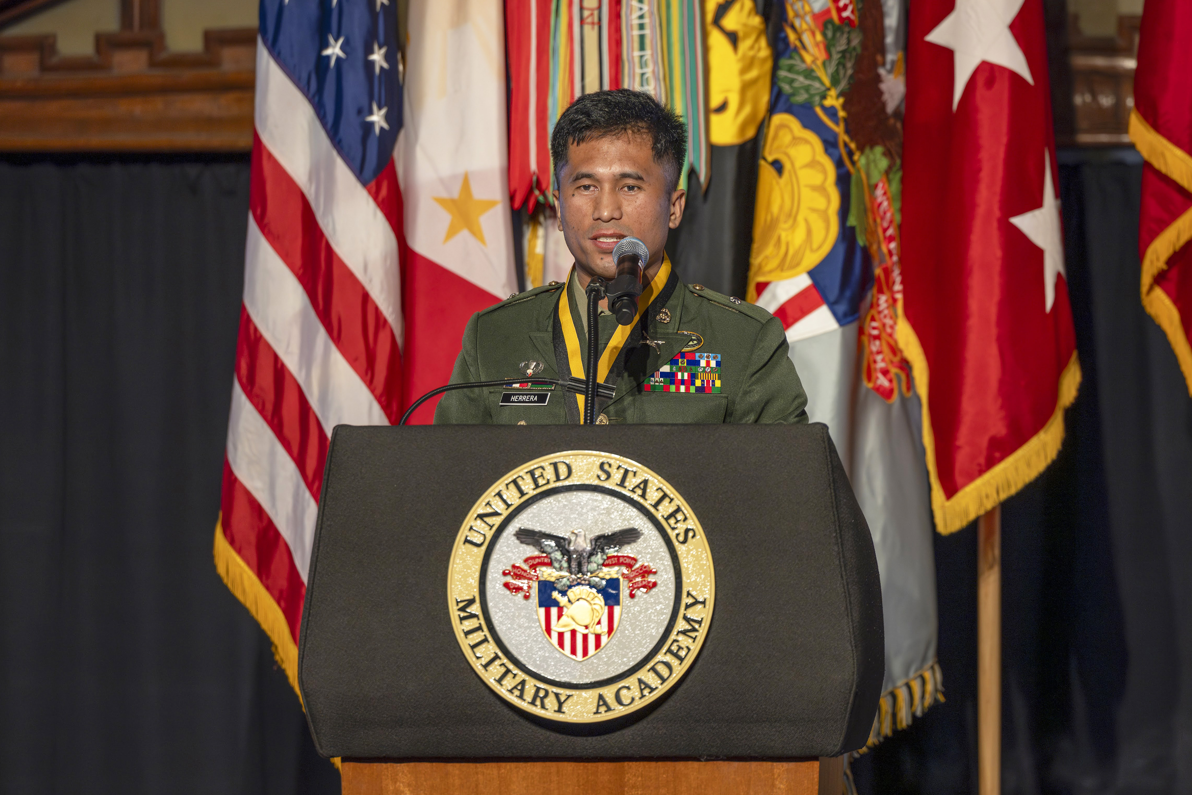 For the first time in its 19-year history, the Alexander R. Nininger Award for Valor at Arms was presented to a U.S. Military Academy international graduate. A Class of 2013 graduate, Philippine Army Maj. Floren P. Herrera, humbly accepted the award during a ceremony in the Cadet Mess Hall on Oct. 10, 2024.  (Photo by Christopher Hennen/USMA PAO/VI)