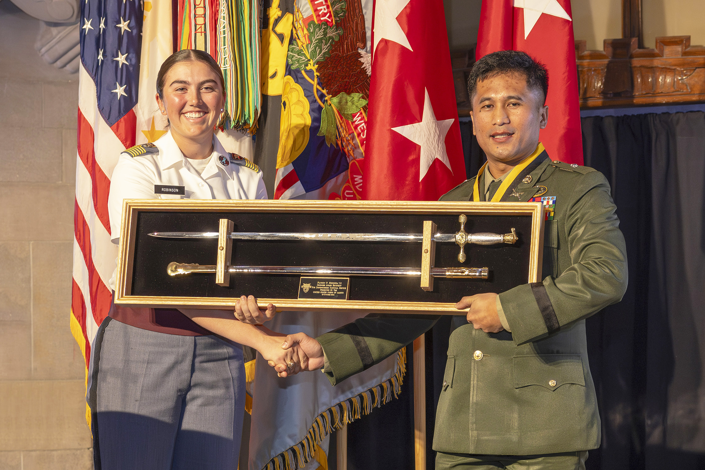 For the first time in its 19-year history, the Alexander R. Nininger Award for Valor at Arms was presented to a U.S. Military Academy international graduate. A Class of 2013 graduate, Philippine Army Maj. Floren P. Herrera, humbly accepted the award during a ceremony in the Cadet Mess Hall on Oct. 10, 2024.  (Photo by Christopher Hennen/USMA PAO/VI)