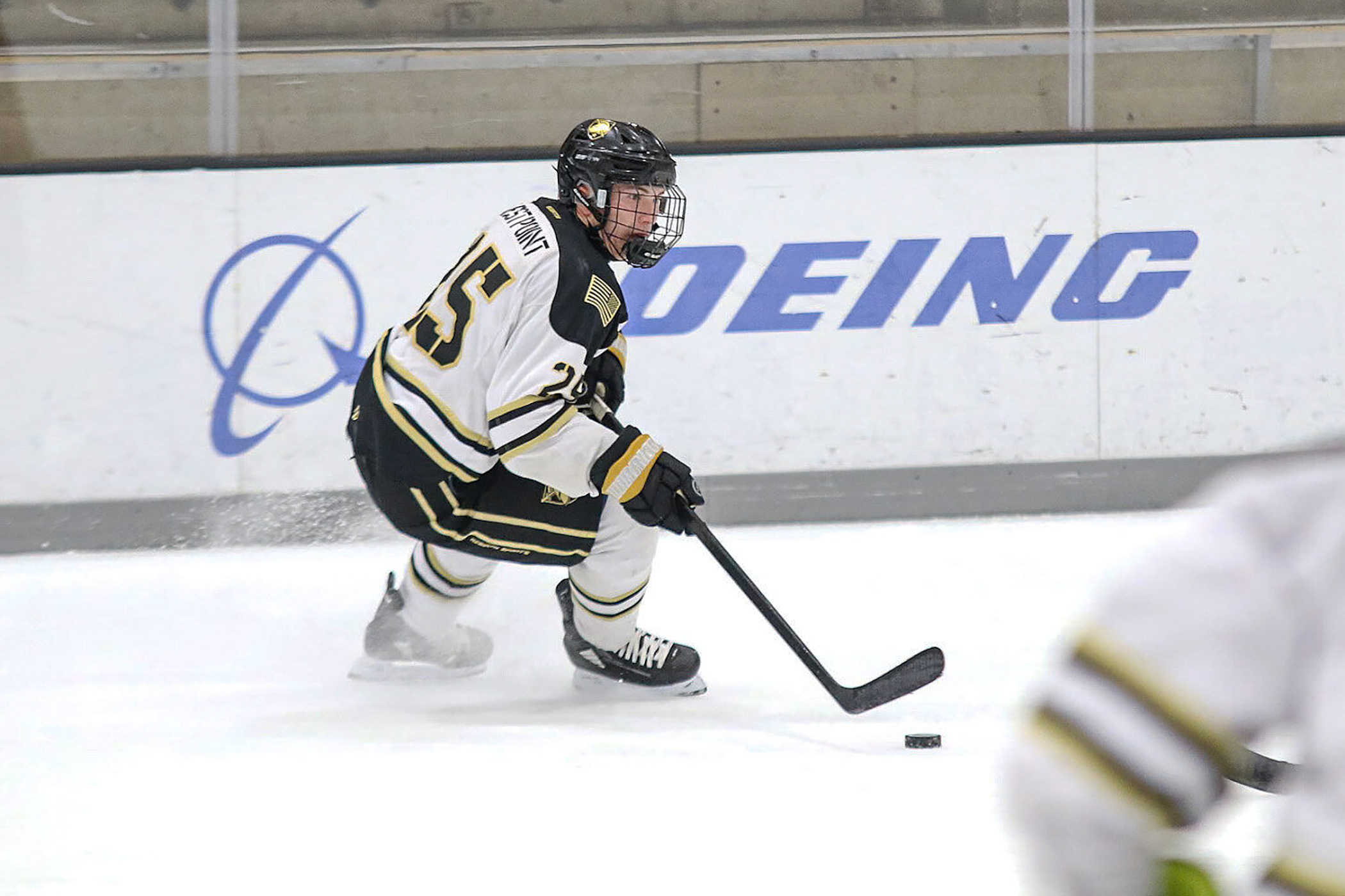  West Point Men's Club Hockey top-line center Caleb Kaiser, the reigning Northwest Region player of the year and finalist for ACHA national player of the year, sustained an injury early in the season opener Sept. 22 against Marist College at Tate Rink. But fellow senior Ben Gaucher stepped up admirably for his fallen "brother," scoring twice to lead the Black Knights to a 5-3 victory.   (Photo provided by the Army West Point Club Hockey team)