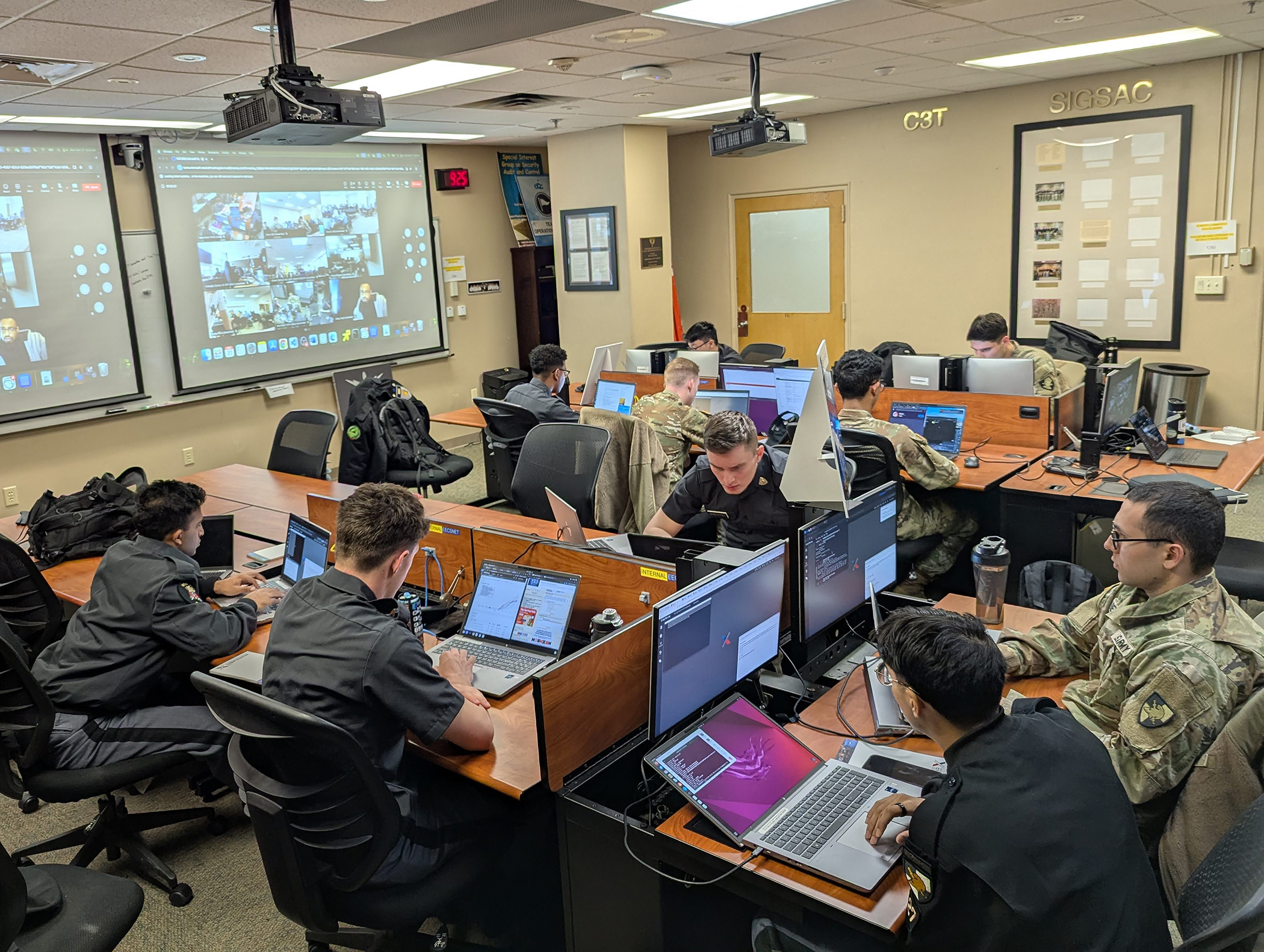 U.S. Military Academy cadets from the Cadet Cyber Team and Electrical Engineering and Computer Science (EECS) Department represented West Point in an inter-academy National Security Agency (NSA) Cyber Exercise competition virtually and in-person at the Maritime Conference Center from March 31-April 2 in Linthicum Heights, Md. West Point placed second overall, beating U.S. Naval Academy (USNA) and U.S. Coast Guard Academy (USCGA). However, the U.S. Air Force Academy (USAFA) took first-place overall.   (Photo