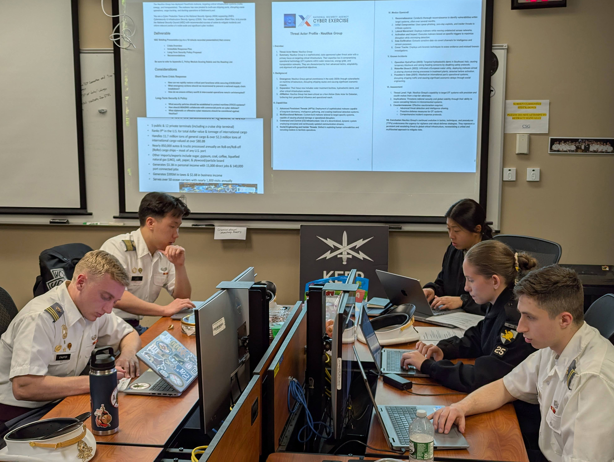 U.S. Military Academy cadets from the Cadet Cyber Team and Electrical Engineering and Computer Science (EECS) Department represented West Point in an inter-academy National Security Agency (NSA) Cyber Exercise competition virtually and in-person at the Maritime Conference Center from March 31-April 2 in Linthicum Heights, Md. West Point placed second overall, beating U.S. Naval Academy (USNA) and U.S. Coast Guard Academy (USCGA). However, the U.S. Air Force Academy (USAFA) took first-place overall.   (Photo