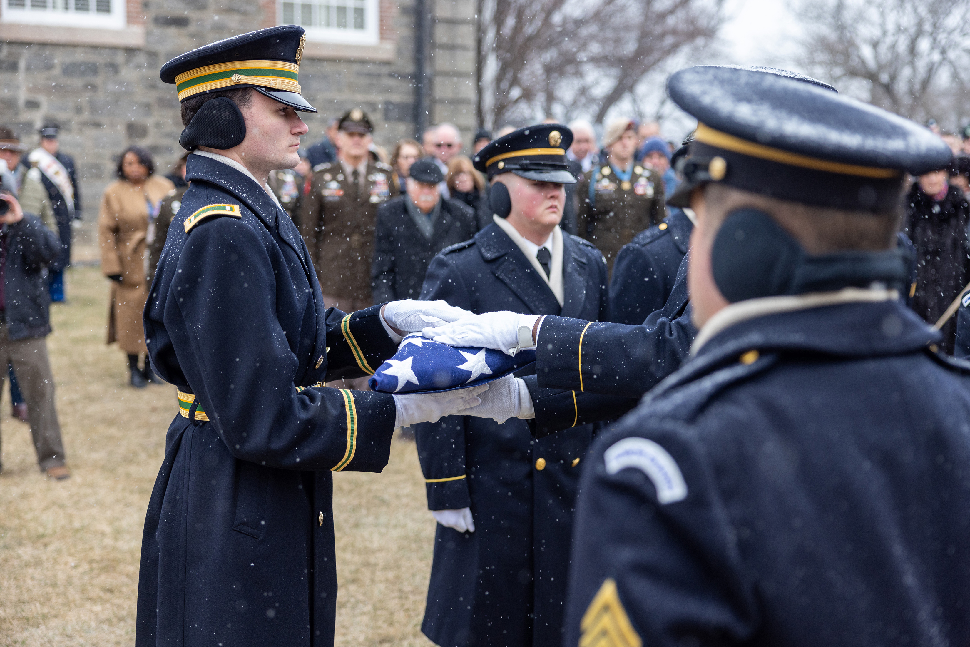 Memorial Service in honor of Paul "Buddy" Bucha, Medal of Honor recipient and U.S. Military Academy Class of 1965, takes place Jan. 16 at the Cadet Chapel and West Point Cemetery. More than 400 people attended the service celebrating his life, including 85 members of the Army West Point Swim Team, three Medal of Honor recipients and the commanding general of the 101st Airborne Division (Air Assault). Bucha earned his Medal of Honor due to his bravery and leadership in dire circumstances from March 18, 1968,