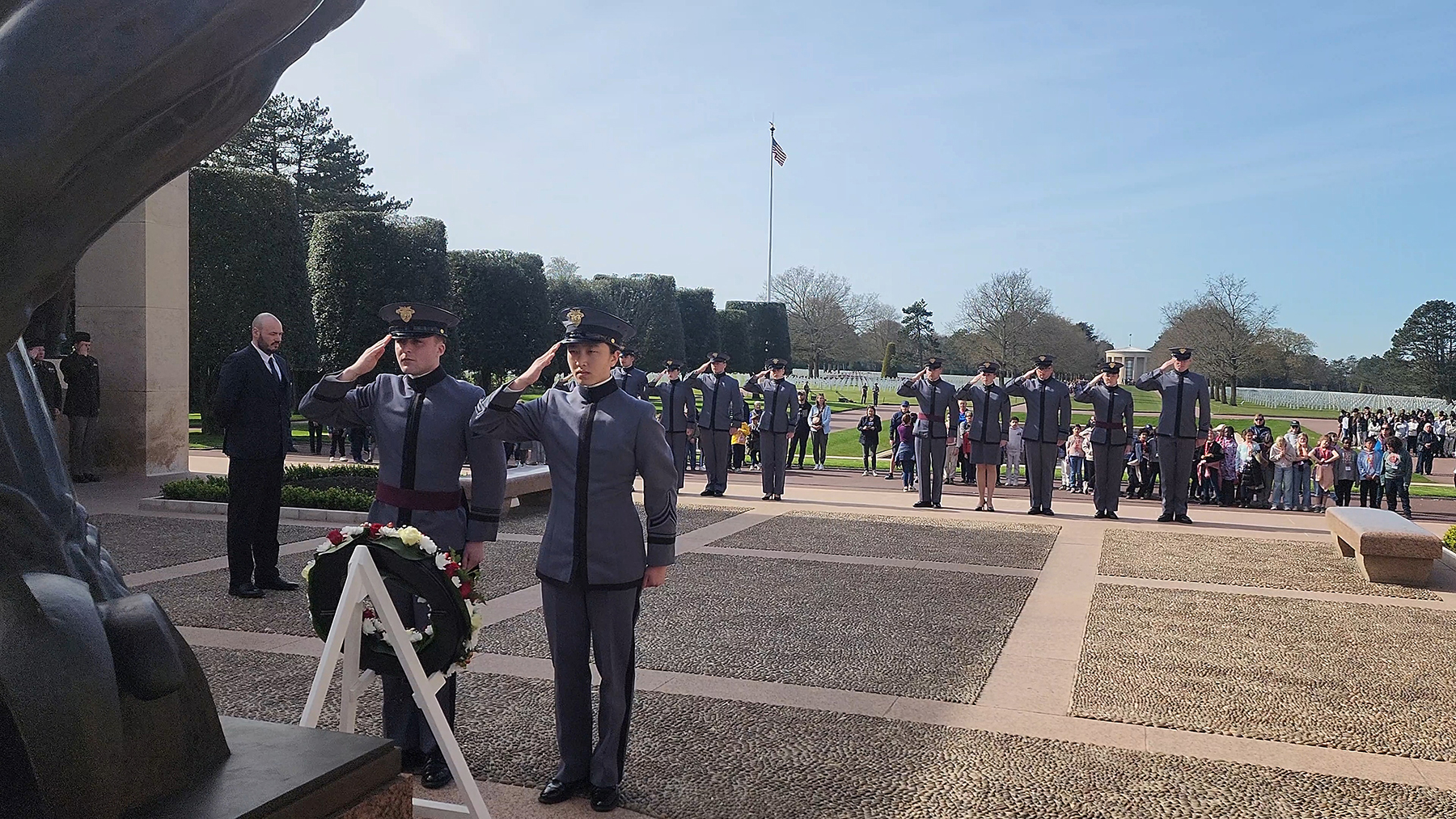 Cadets from the United States Military Academy conduct a wreath laying ceremony at the American Cemetery in Normandy, France during the department's annual D-Day Spring Break Staff Ride. (Courtesy Photo)