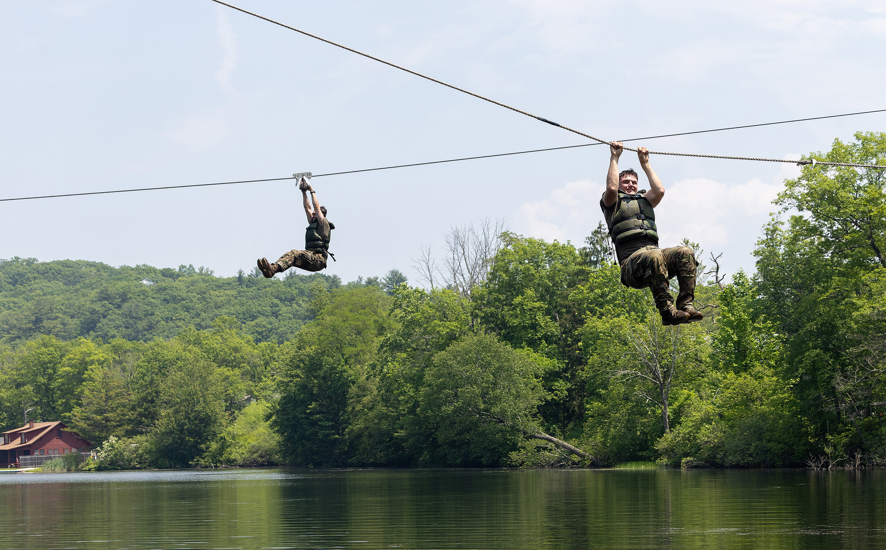 Cadet Field Training I cadets continued to build their strengths and confidence by conquering the Water Confidence Course and the Marne Confidence Course on June 5 at each location in Camp Buckner.  (Photo by Eric S. Bartelt/USMA PAO-VI)