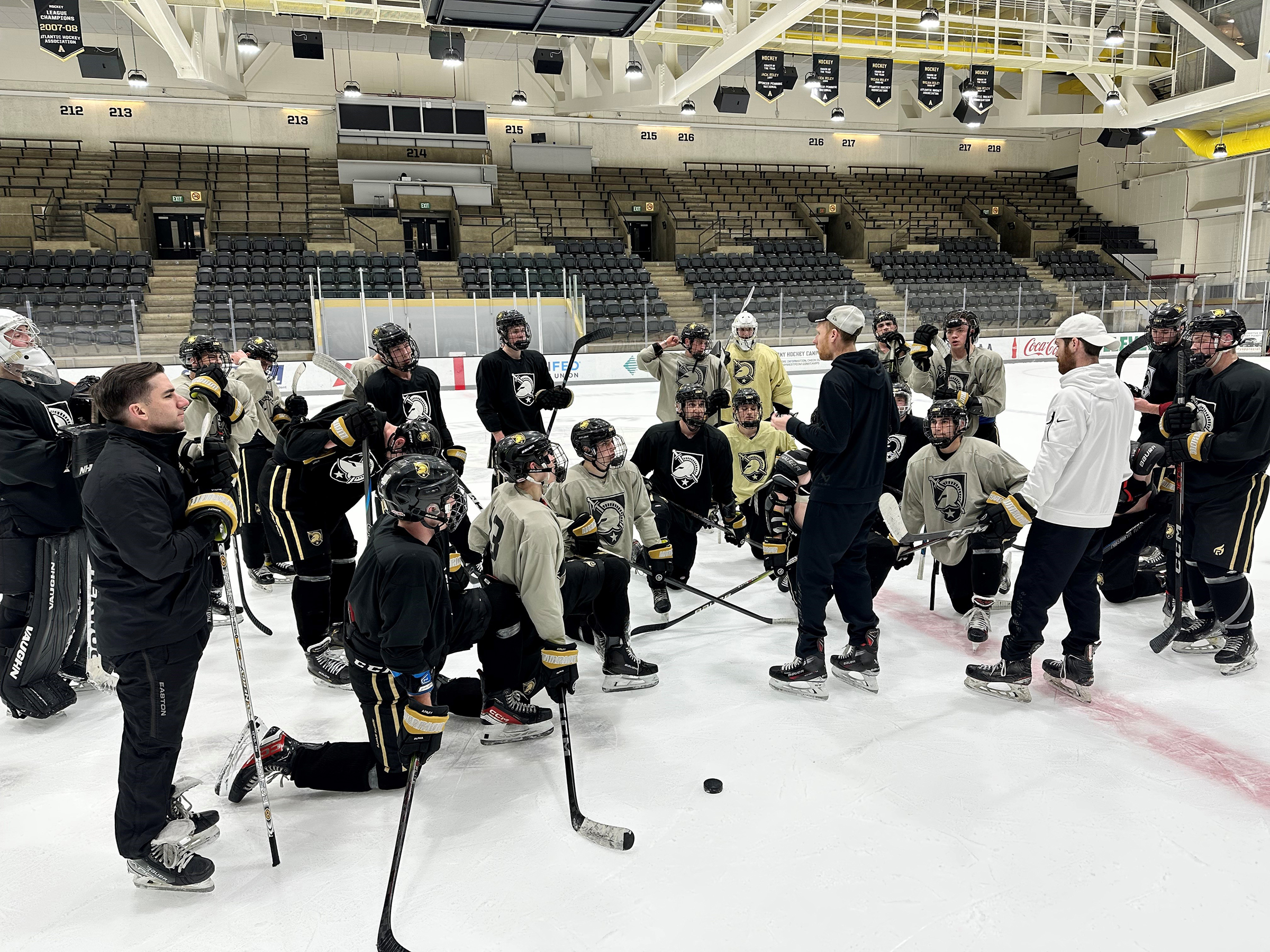 The American Collegiate Hockey Association finalized its national-tournament schedule on Feb. 24 and West Point learned of its first two opponents in the pool-play format.  The Black Knights, who are the Northeast Region's No. 1 seed, will open against the University of Texas (West's No. 4 seed) on March 14 at the Centene Ice Center in Maryland Heights, Mo.  (Photo provided by the West Point Men's Club Hockey team)