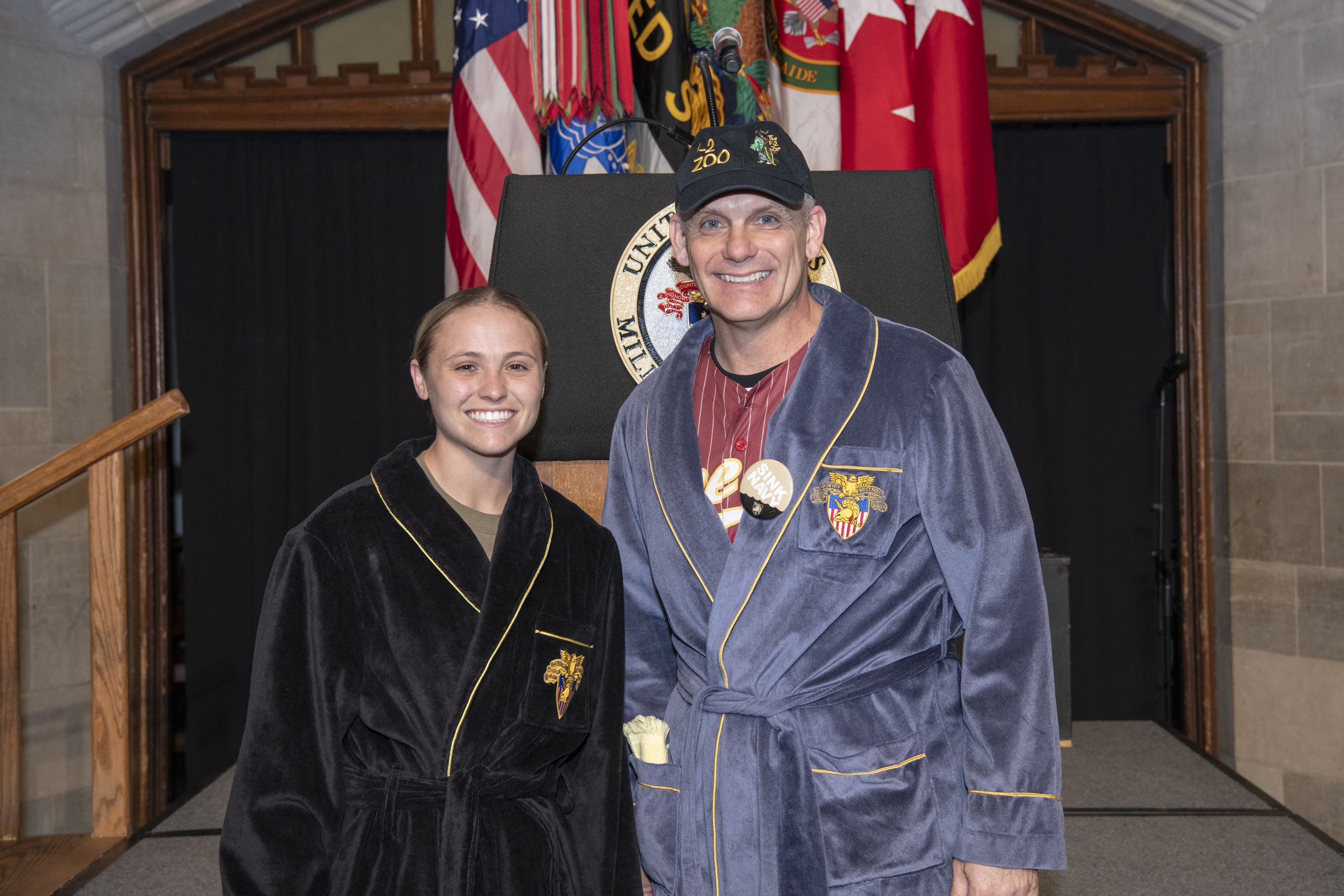 Class of 2023 Cadet First Captain Lauren Drysdale posed with the new black, with gold trim, West Point robe alongside Superintendent Lt. Gen. Steve Gilland during the Founders Day ceremony March 16 at the U.S. Military Academy. Photo by Kyle Osterhoudt/ USMA PAO VI