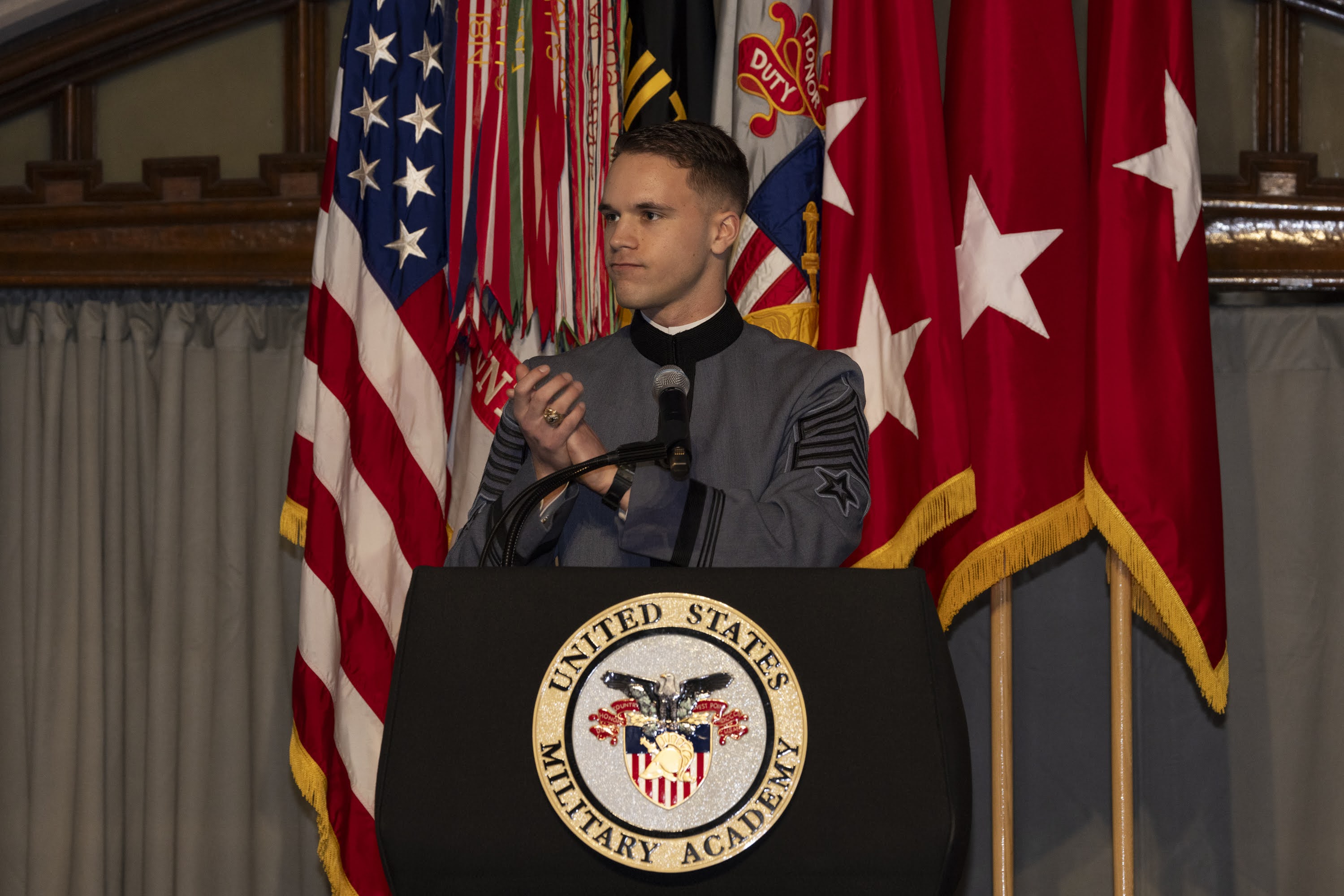 The Corps of Cadets gathered at the Mess Hall to celebrate West Point's Founders Day event March 7 at the U.S. Military Academy. U.S. Army Photo by Kyle Osterhoudt/ USMA PAO.