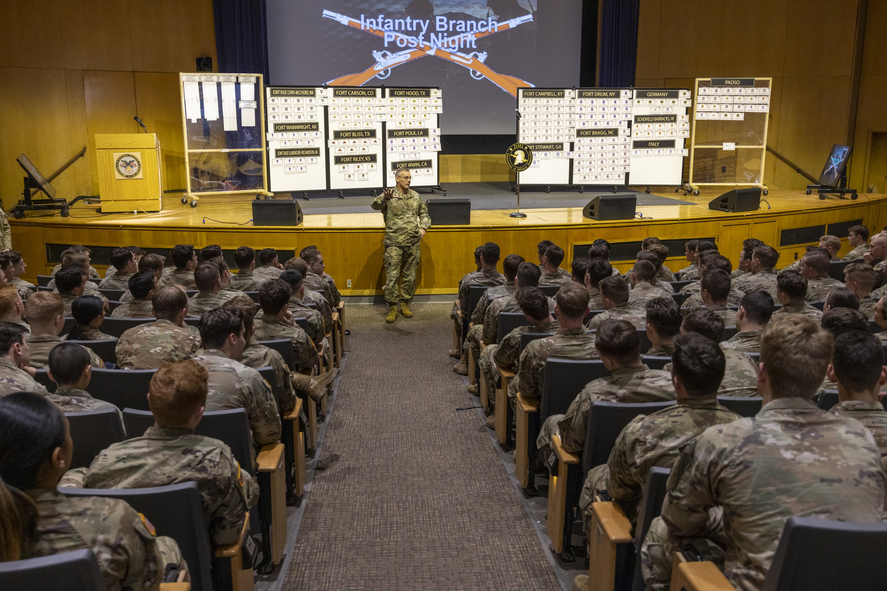 The Class of 2023 Cadets gathered at various locations to choose their first Army duty station during the annual Post Night event on Feb. 28 at the U.S. Military Academy.  The staff and faculty in the Department of Military Instruction organized Post Night using a draft-style posting process based on the USMA order of merit list, allowing cadets to select their duty station and Basic Officer Leader Course based on where they rank from highest to lowest on the OML.