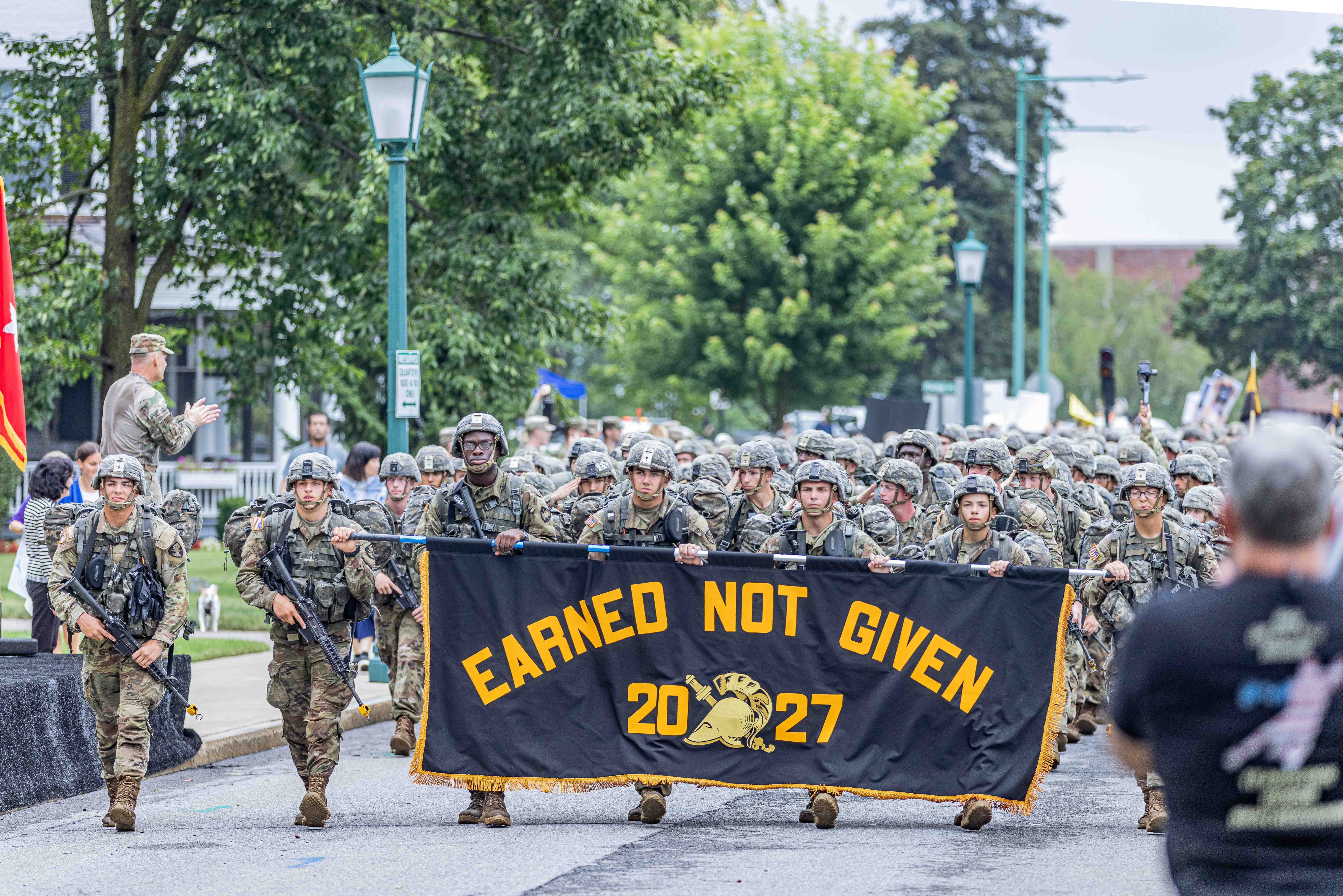 Despite gray skies and intervals of rainfall, the West Point community showed up with cheer and praise as the Class of 2027 marched triumphantly for 12-plus miles from Lake Frederick to central area, marking the successful completion of Cadet Basic Training (Beast) on Aug. 7 at the U.S. Military Academy. Photo by Jorge Garcia/ USMA PAO.