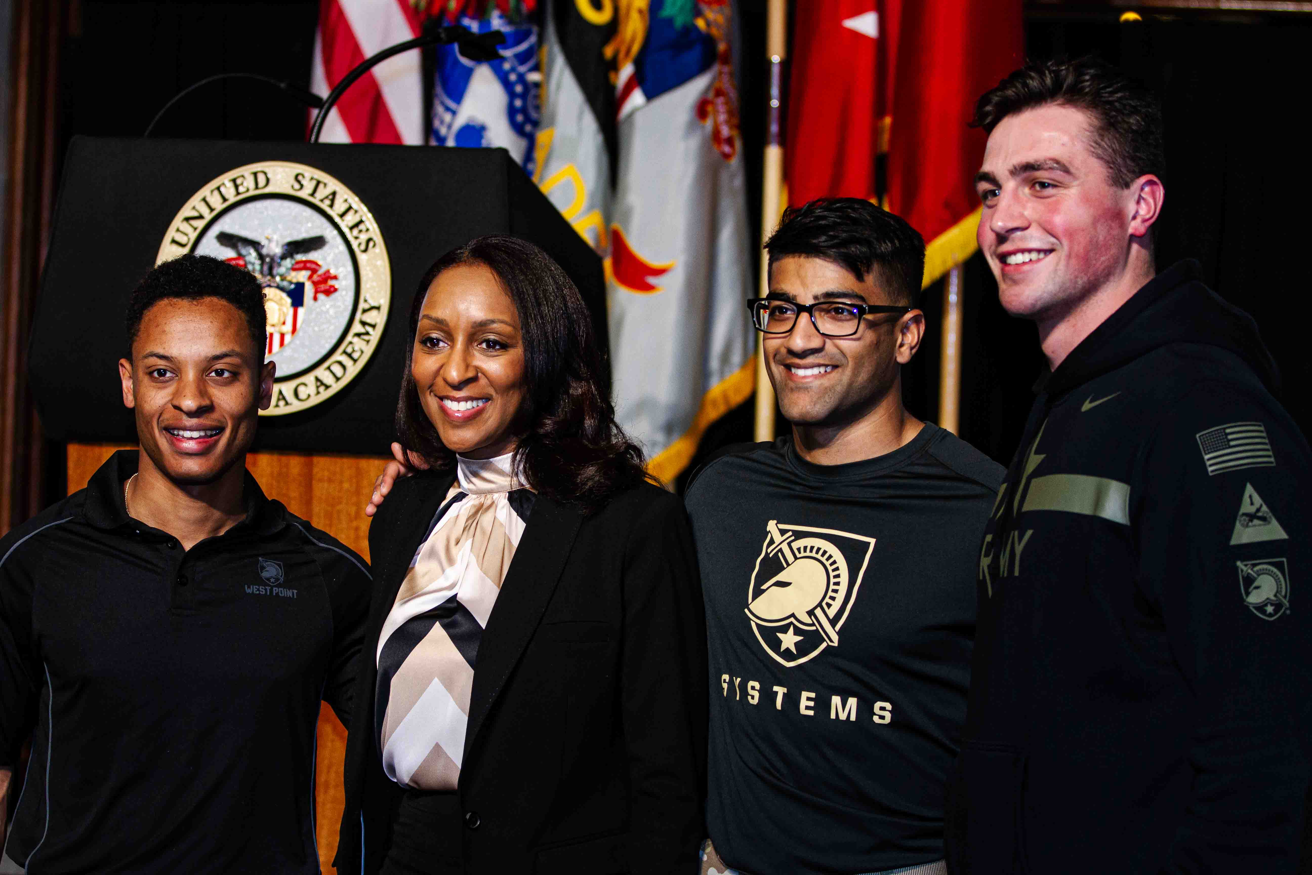 Erica Jeffries Purdo, vice president of Strategy and Operations, Global Corporate Affairs at Johnson & Johnson, takes photos and speaks with cadets after the Founders Day ceremony concluded on March 16 at the U.S. Military Academy. Photo by Jorge Garcia/ USMA PAO.