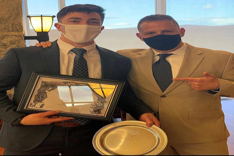 Class of 2021 Cadet Mark Jaskot, the cadet-in-charge of the Cadet Jazz Forum, with Sgt. 1st Class Geoffrey Vidal, the NCOIC of the Cadet Jazz Forum, celebrate after the John Calabro Night of the Arts April 22 at the Haig Room in Jefferson Hall Library. Jaskot earned the music award for his original piece called, “On My Mind,” and received the John Calabro Award for Excellence in Leadership and the Arts.      		           			  Photo provided by Class of 2021 Cadet Mark Jaskot