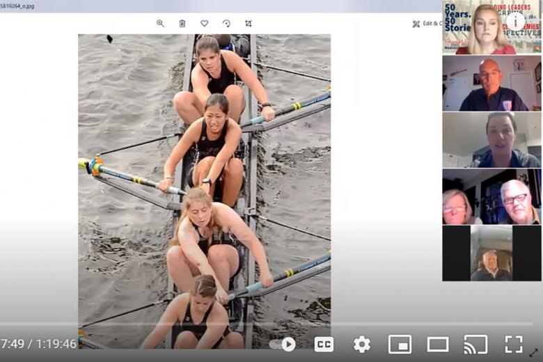 Army West Point Crew’s Assistant Coach and Equipment Manager Kate Brownson (in the middle on the right side), who wrote a story for Head of Schuylkill Regatta titled, “Rowing: The Making of an Officer,” shared her crew experiences with the rowing community during a “Story Hour" of the “50 Years. 50 Stories.” hosted virtually on Zoom by the HOSR’s Executive Director, Jennifer Wesson, March 24. Brownson, who has coached at West Point since 2015, spoke about the women’s crew team during her talk. 