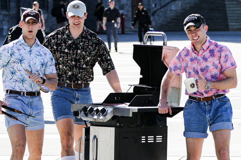 Every semester, U.S. Military Academy cadets continue the tradition of the Social Sciences Run by finding creative, unusual and comedic ways of turning in their SOSH papers when they are due. On April 11, costumed cadets dashed, walked, carted, strolled or were carried in a parade of amusement before a cheering crowd of cadets through Central Area to their final destination at Lincoln Hall to meet their deadline. The SOSH paper, which is the signature writing assignment in the required 