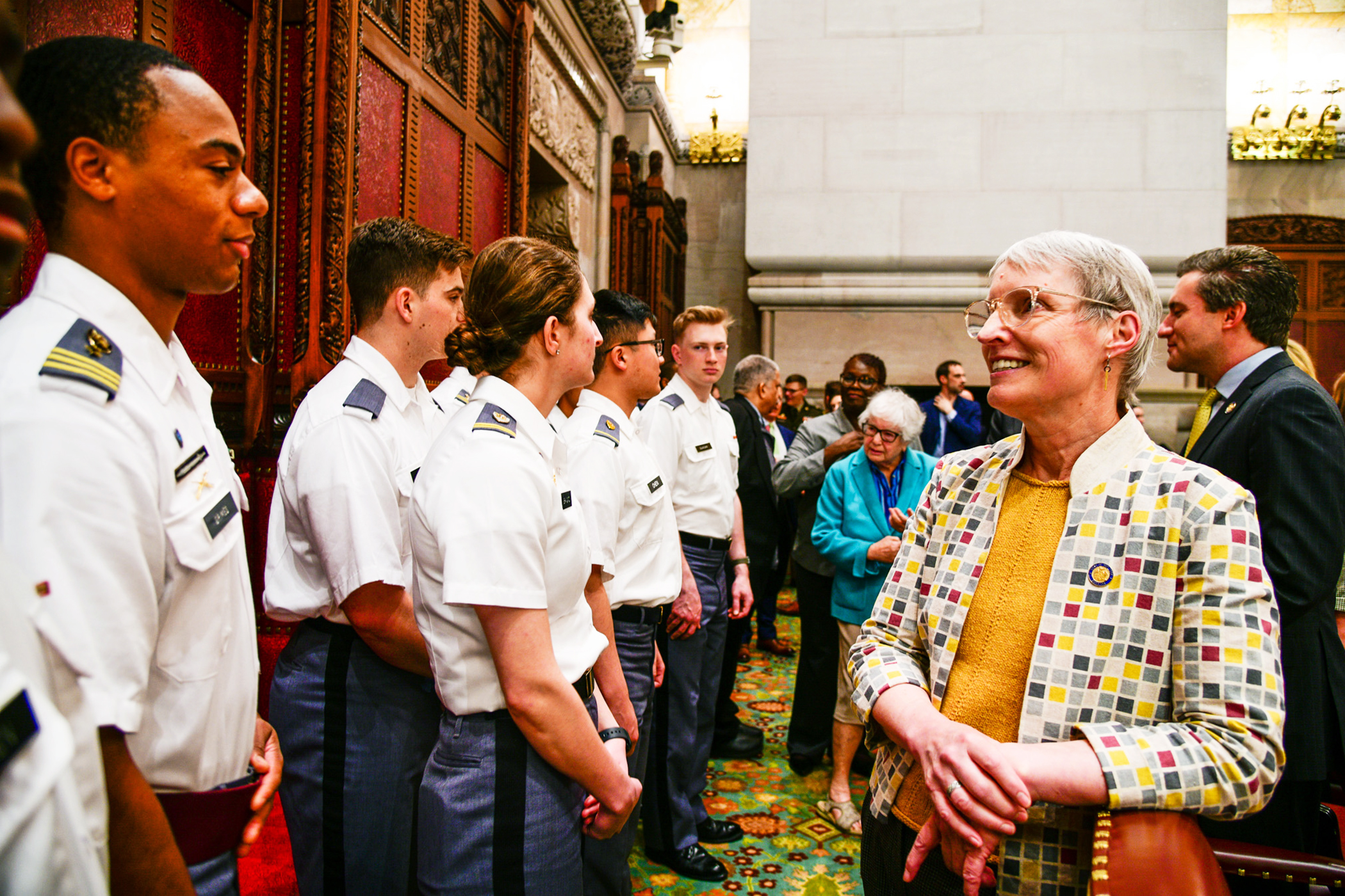 The State of New York honored members of the U.S. Military Academy during the 71st annual West Point Day in Albany on April 24.   The New York State Legislature has conducted this yearly proclamation since 1952.   The attendees included the 61st Superintendent of USMA, Lt. Gen Steven W. Gilland, the Cadet First Captain Lauren Drysdale, USMA staff members, a USMA chaplain and 11 native New York State cadets.   (Photo by Sgt. 1st Class Luisito Brooks/USMA PAO)