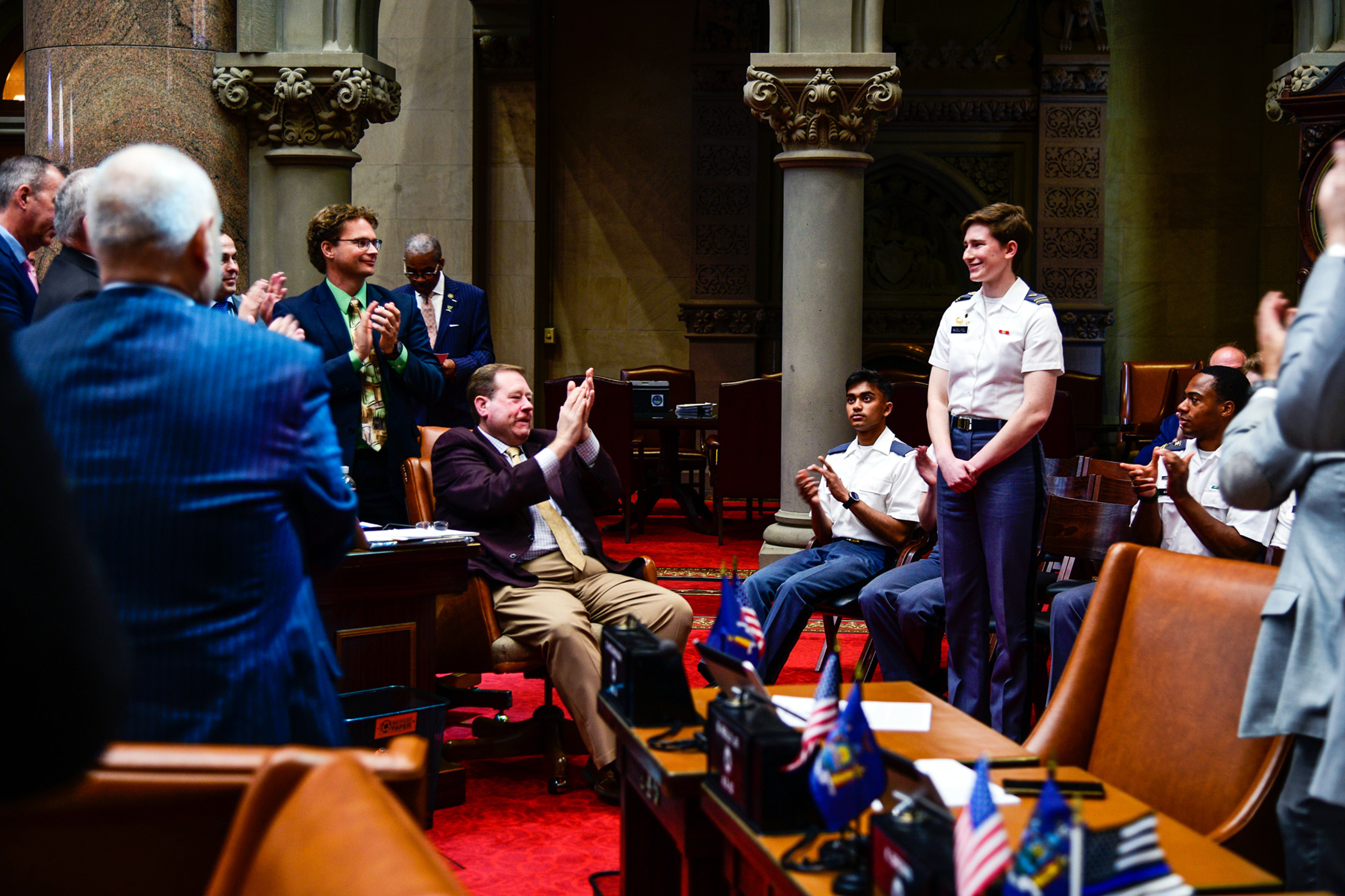 The State of New York honored members of the U.S. Military Academy during the 71st annual West Point Day in Albany on April 24.   The New York State Legislature has conducted this yearly proclamation since 1952.   The attendees included the 61st Superintendent of USMA, Lt. Gen Steven W. Gilland, the Cadet First Captain Lauren Drysdale, USMA staff members, a USMA chaplain and 11 native New York State cadets.   (Photo by Sgt. 1st Class Luisito Brooks/USMA PAO)