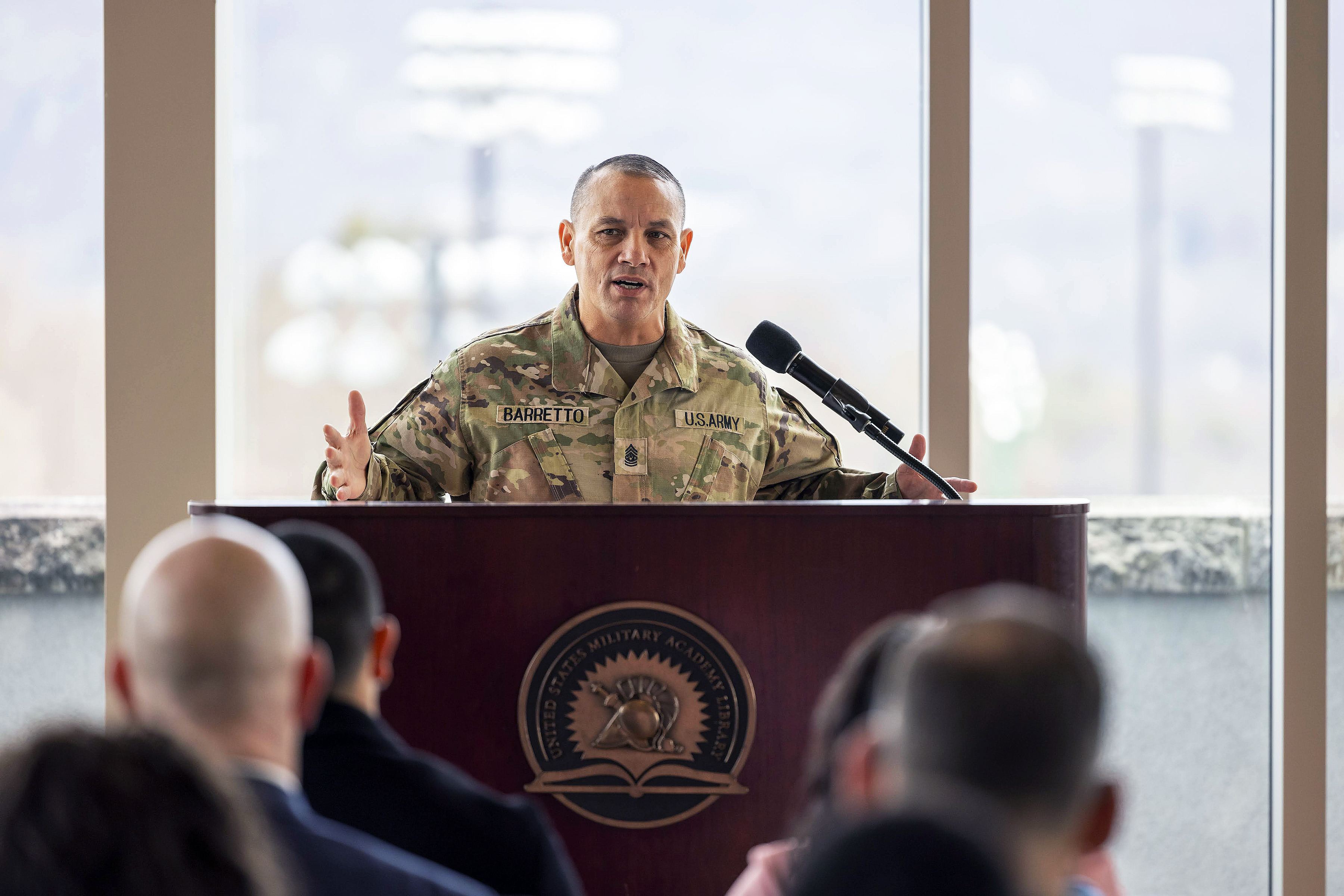 Command Sgt. Maj. Phil K. Barretto took accountability of the U.S. Military Academy command sergeant major position from Command Sgt. Maj. Michael J. Coffey during the USMA Change of Responsibility ceremony March 31 in the Haig Room at Jefferson Library. Barretto becomes the 22nd USMA command sergeant major.   (Photo by Christopher Hennen/USMA PAO)