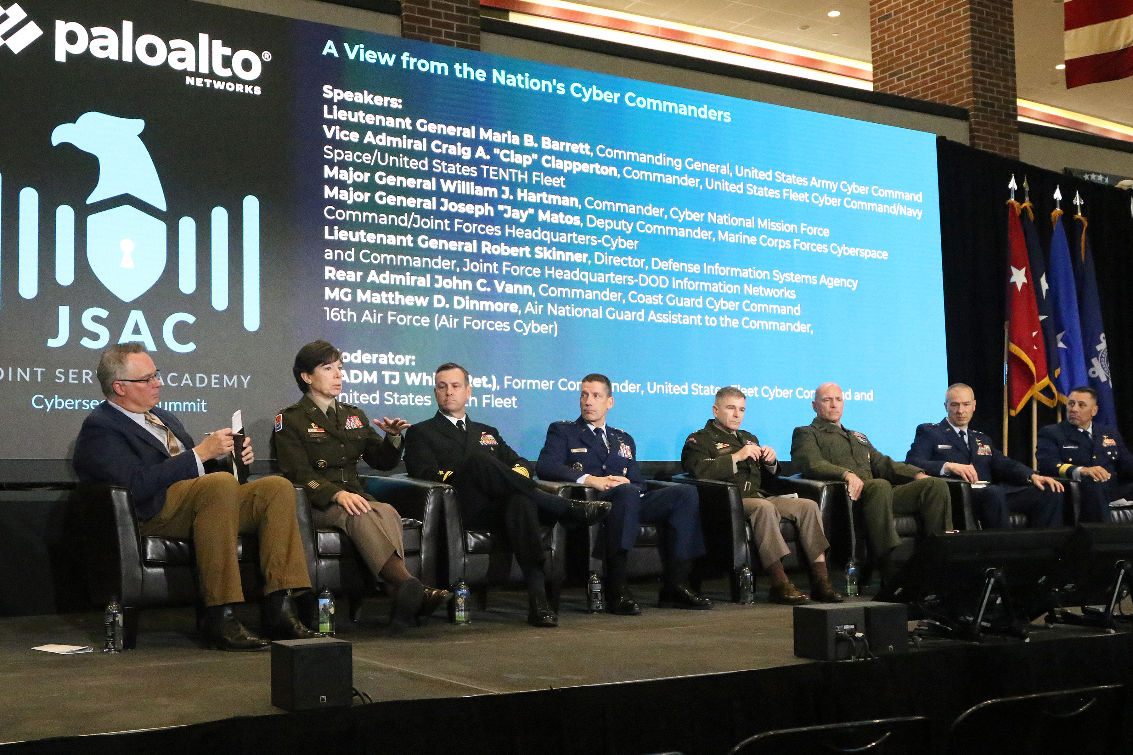 The U.S. Military Academy, on behalf of Palo Alto Networks, Inc., hosted the 2023 Joint Service Academy Cybersecurity Summit (JSAC) on April 4-5 at Crest Hall in Eisenhower Hall. Founded in 2015, JSAC brings together senior cyber experts and leaders from across industry, military and government to discuss issues of the day, what has gone right and what has gone wrong in cybersecurity in recent years and the way forward in the cyber world, especially with the eyes and ears of academy cadets and midshipmen