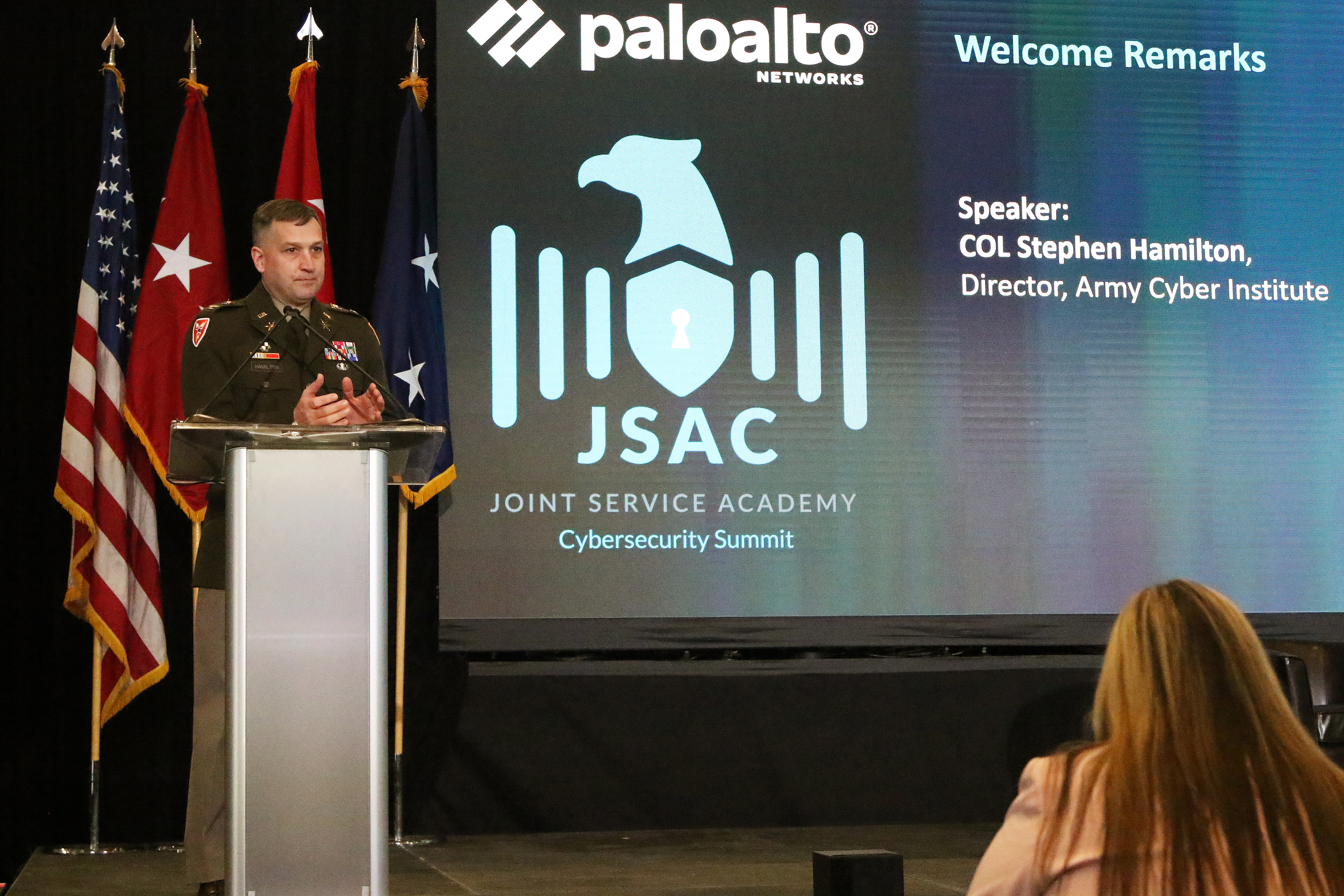 The U.S. Military Academy, on behalf of Palo Alto Networks, Inc., hosted the 2023 Joint Service Academy Cybersecurity Summit (JSAC) on April 4-5 at Crest Hall in Eisenhower Hall. Founded in 2015, JSAC brings together senior cyber experts and leaders from across industry, military and government to discuss issues of the day, what has gone right and what has gone wrong in cybersecurity in recent years and the way forward in the cyber world, especially with the eyes and ears of academy cadets and midshipmen