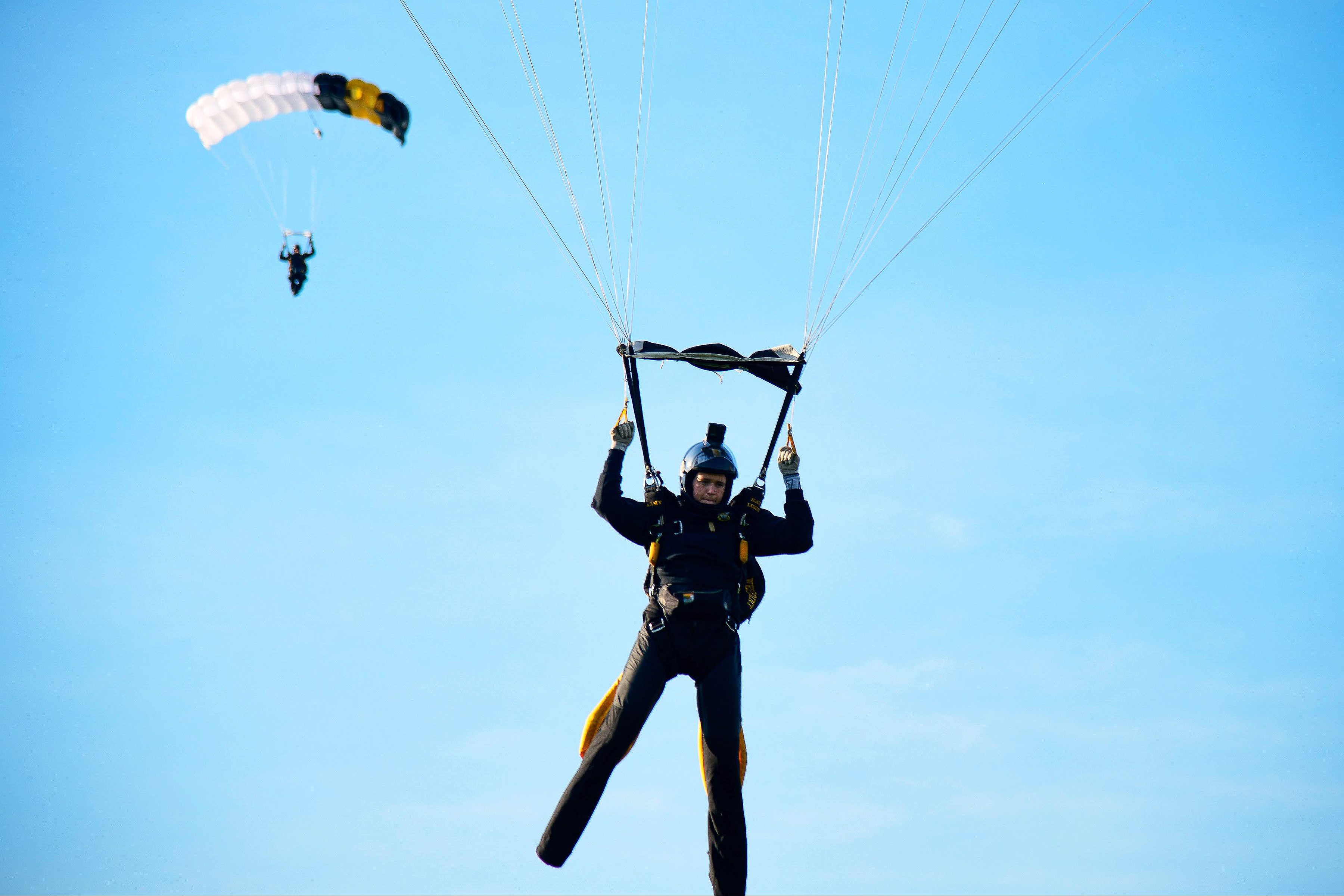 The West Point Parachute Team hosted an Interservice Academy Meet with the U.S. Air Force Academy and U.S. Naval Academy parachute teams from April 13-15 at the Parade Field on The Plain.    (Photo by Sgt. 1st Class Luisito Brooks/USMA PAO)
