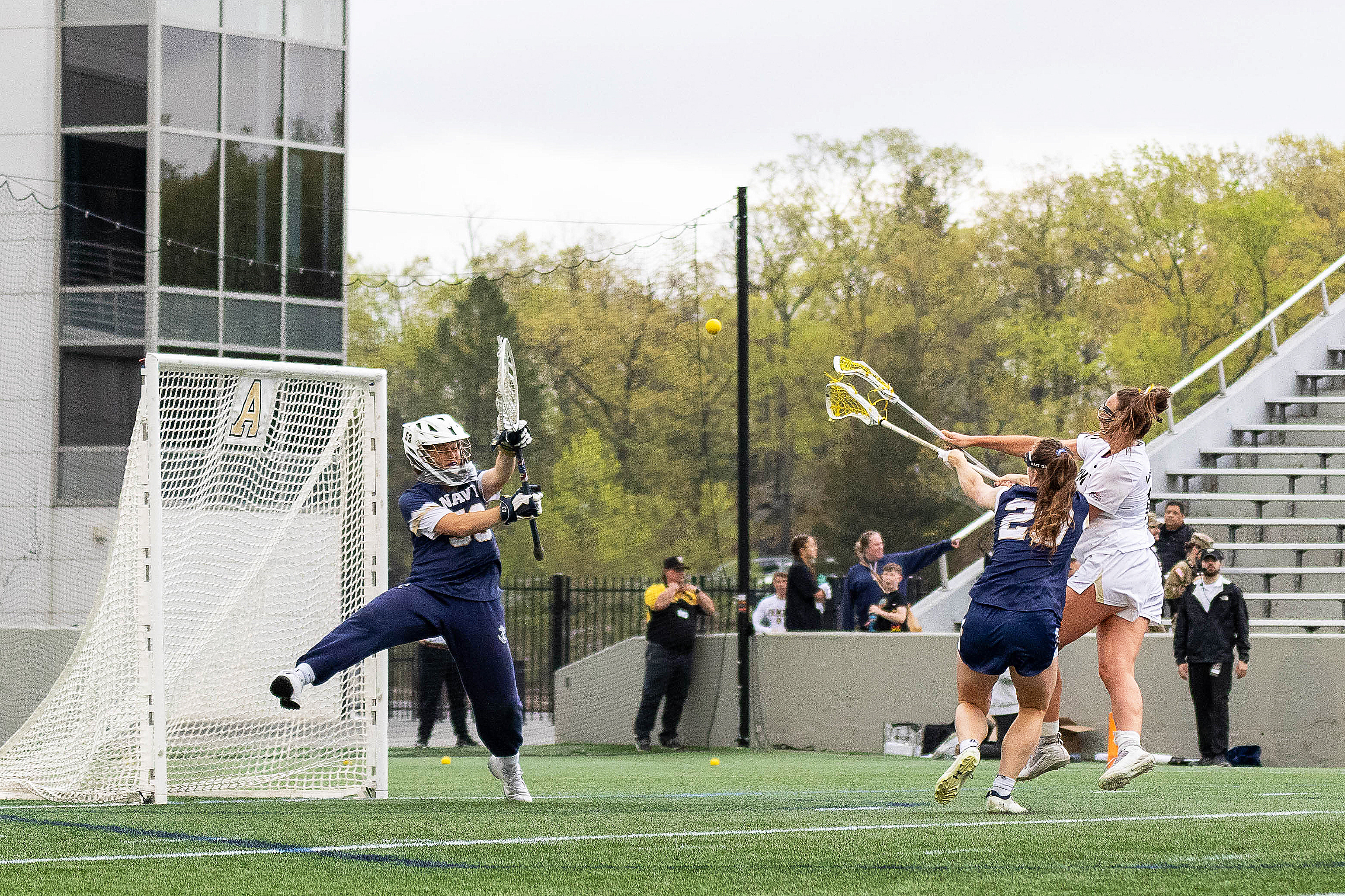 No. 16 Army West Point women's lacrosse (13-2, 7-1 Patriot League) defeated archrival No. 23 Navy (12-4, 6-2 Patriot League) by a score of 15-11 from Michie Stadium on April 22.  Plebe Allison Reilly delivered an all-time performance for the Black Knights, setting new single-game program records with nine goals scored and 12 points total with her three assists. One of four freshman in the starting lineup, Lindsey Serafine made nine saves in the cage while making her second career start.   (Photo by Class of