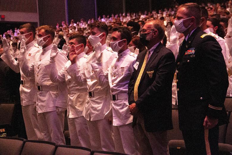 Soon after, the Commandant for the Corps of Cadets, Brig. Gen. Mark Quander, took the stage and conducted the Oath of Affirmation with the cadets as they pledged (above and bottom right) their commitment to the academy for the next two years and active duty service requirement to the military after graduation.