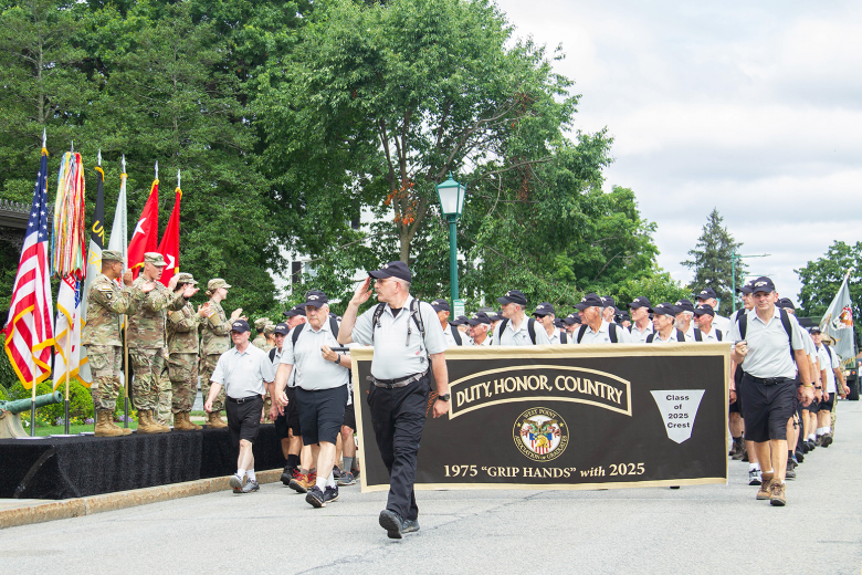 Graduates from the U.S. Military Academy Class of 1975, the 50-year affliate class to the USMA Class of 2025, joined the new cadets on their march during March Back Monday. Photo by Jorge Garcia/PV