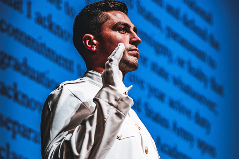 The Commandant of the Corps of Cadets, Brig. Gen. Mark Quander, took the stage and conducted the Oath of Affirmation with the cadets as they pledged (bottom left) their commitment to the academy for the next two years and active duty service requirement to the military after graduation.          			   				 				 		Photos by Sgt. 1st Class Luisito Brooks/USMA PAO