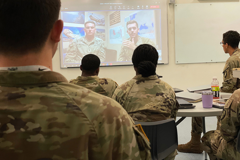 Cadets speak with case study subjects about leadership challenges and lessons from their Army experiences.  Photo by Maj. Renee Sanjuan