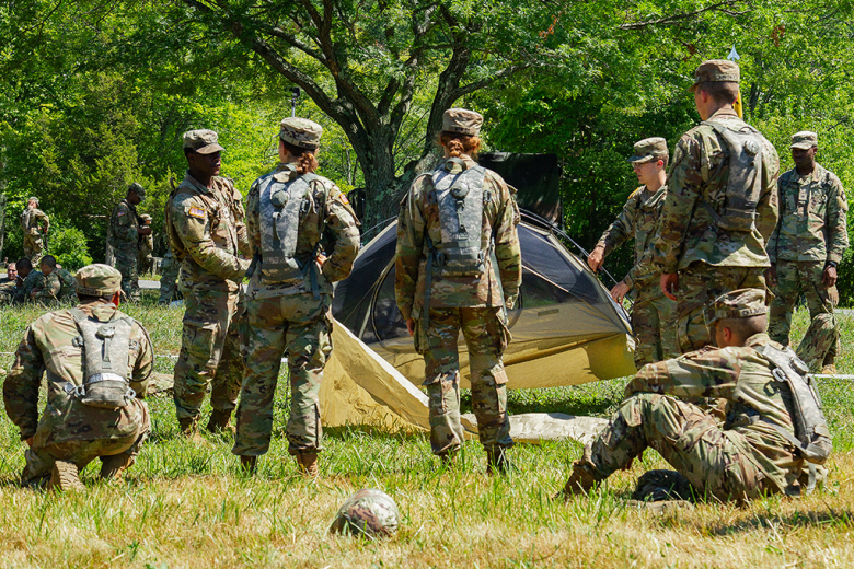 More than 1,200 new cadets descended on Lake Frederick during March Out on Aug. 3 to assemble their tents, bivouacs and organize their equipment in preparation for the remaining key Soldier skills tests as part of their final Field Training Exercise that includes Mountaineering, Leader Reaction Course and the Long Gray Line Starts Here event. Additionally, they will take part in Wellness/Character Day, recreational sports, talent shows and an awards ceremony. Following this FTX, the new cadets will march 12
