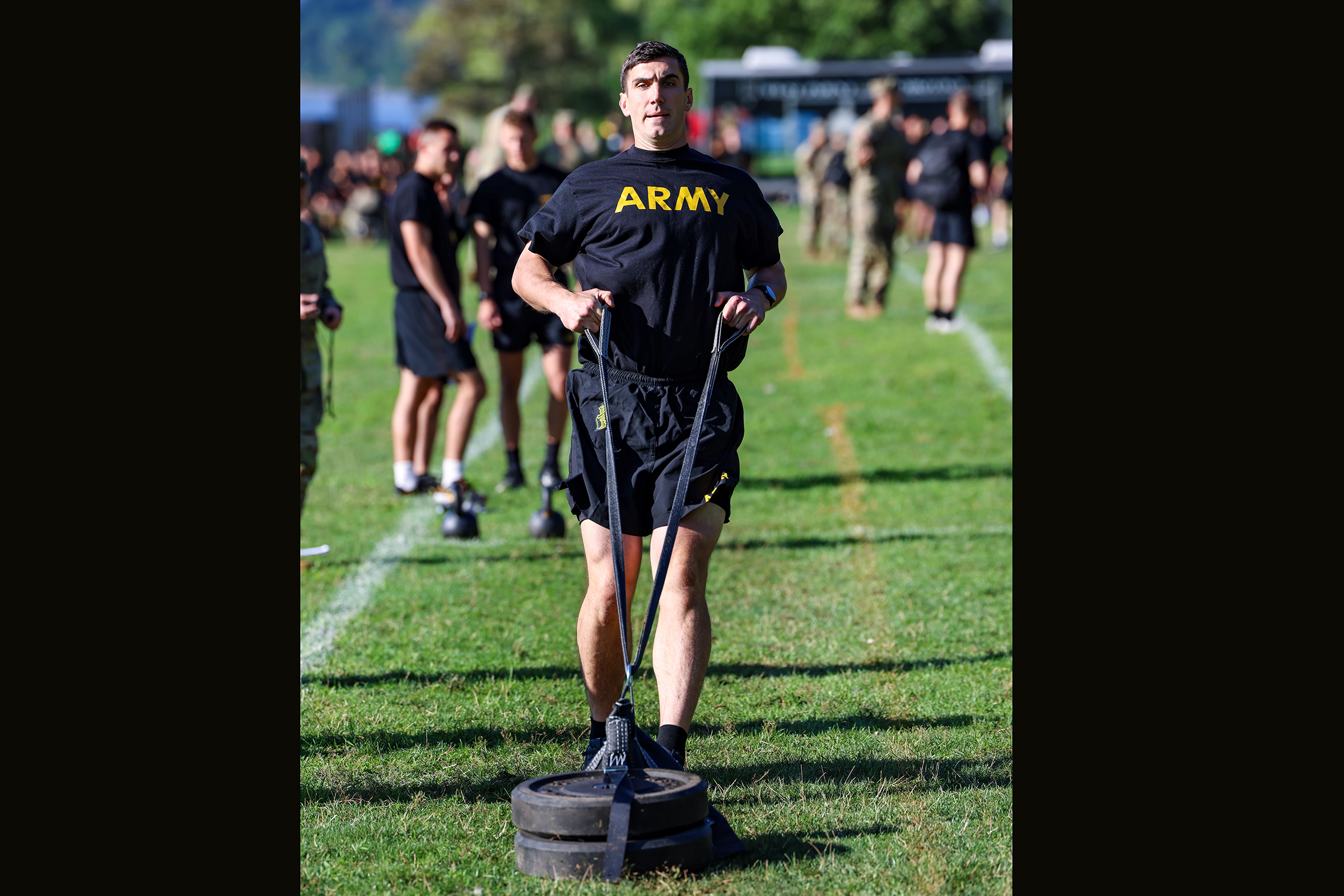 U.S. Military Academy 1st and 2nd class cadets completed their first Army Combat Fitness Test (ACFT) of the academic year Aug. 19 at South Dock. To pass the ACFT, it requires the cadets to get a passing grade in a two-mile run; the plank; push-ups; sprint, drag and carry; ball toss; and dead lift.  (Photo by SFC Luisito Brooks/USMA PAO)
