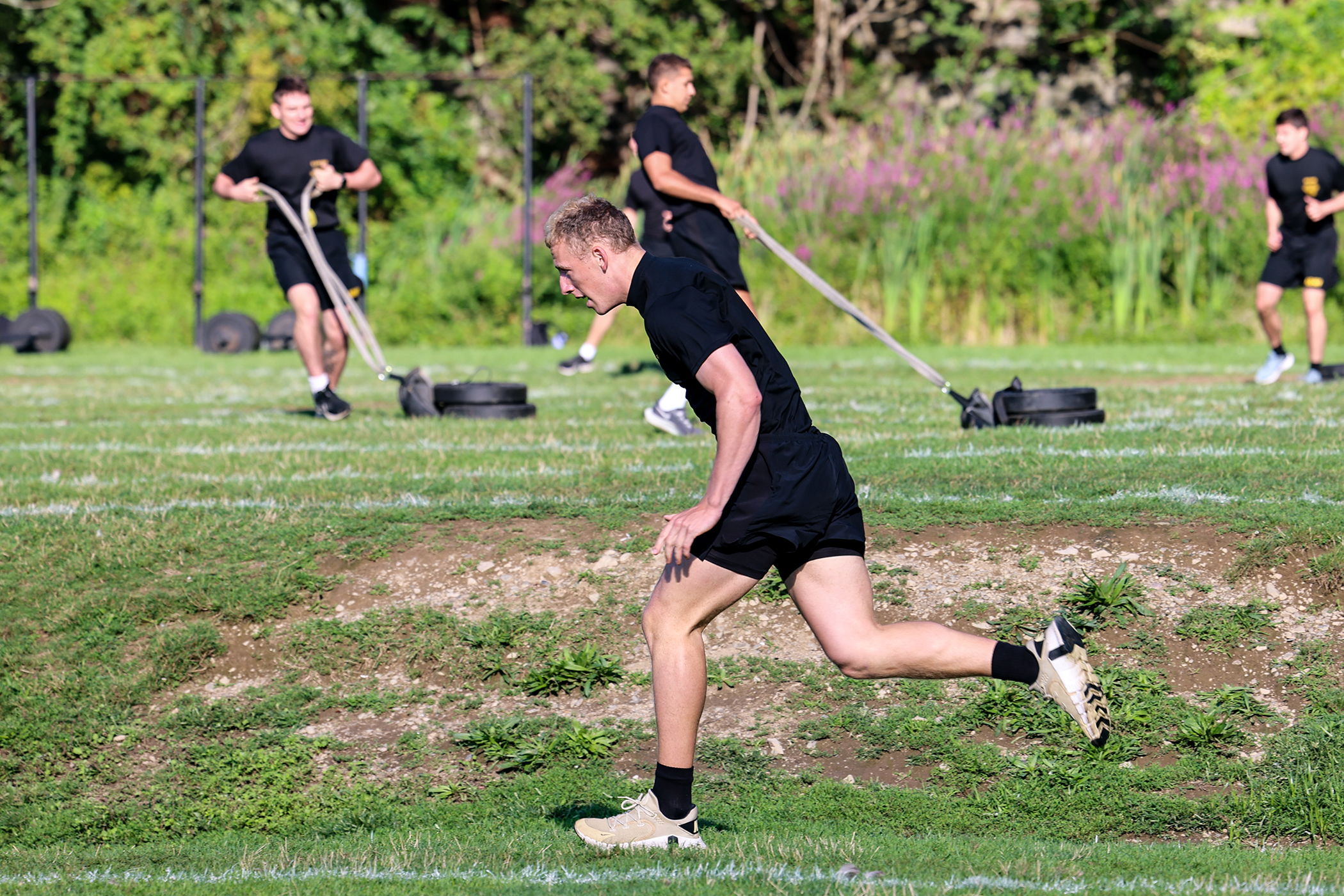 U.S. Military Academy 1st and 2nd class cadets completed their first Army Combat Fitness Test (ACFT) of the academic year Aug. 19 at South Dock. To pass the ACFT, it requires the cadets to get a passing grade in a two-mile run; the plank; push-ups; sprint, drag and carry; ball toss; and dead lift.  (Photo by SFC Luisito Brooks/USMA PAO)