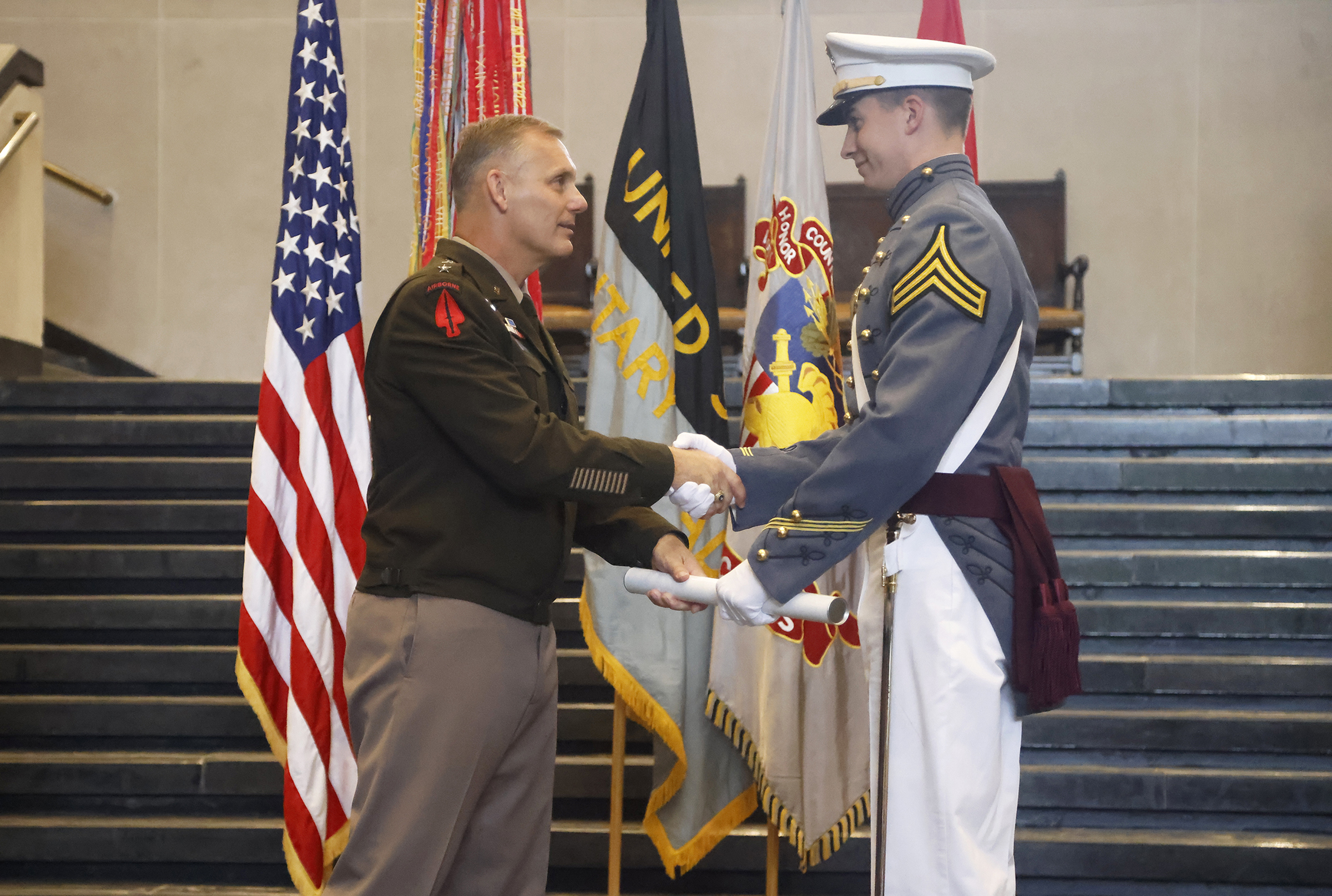 The U.S. Military Academy held an August Graduation and Commissioning Ceremony for seven members of the Class of 2023 at Crest Hall Aug. 3. USMA Superintendent Lt. Gen. Steven W. Gilland was the commencement speaker as Class of 2023 Cadets Miguel Aquino III, Vaughn Campbell, Armando Flores IV, William Foran, Owen Grile, Luke Hester and Madeleine Wilkes all received their diplomas. They all commissioned as officers and received their second lieutenant bars expect one graduate due to injury. Members of the US